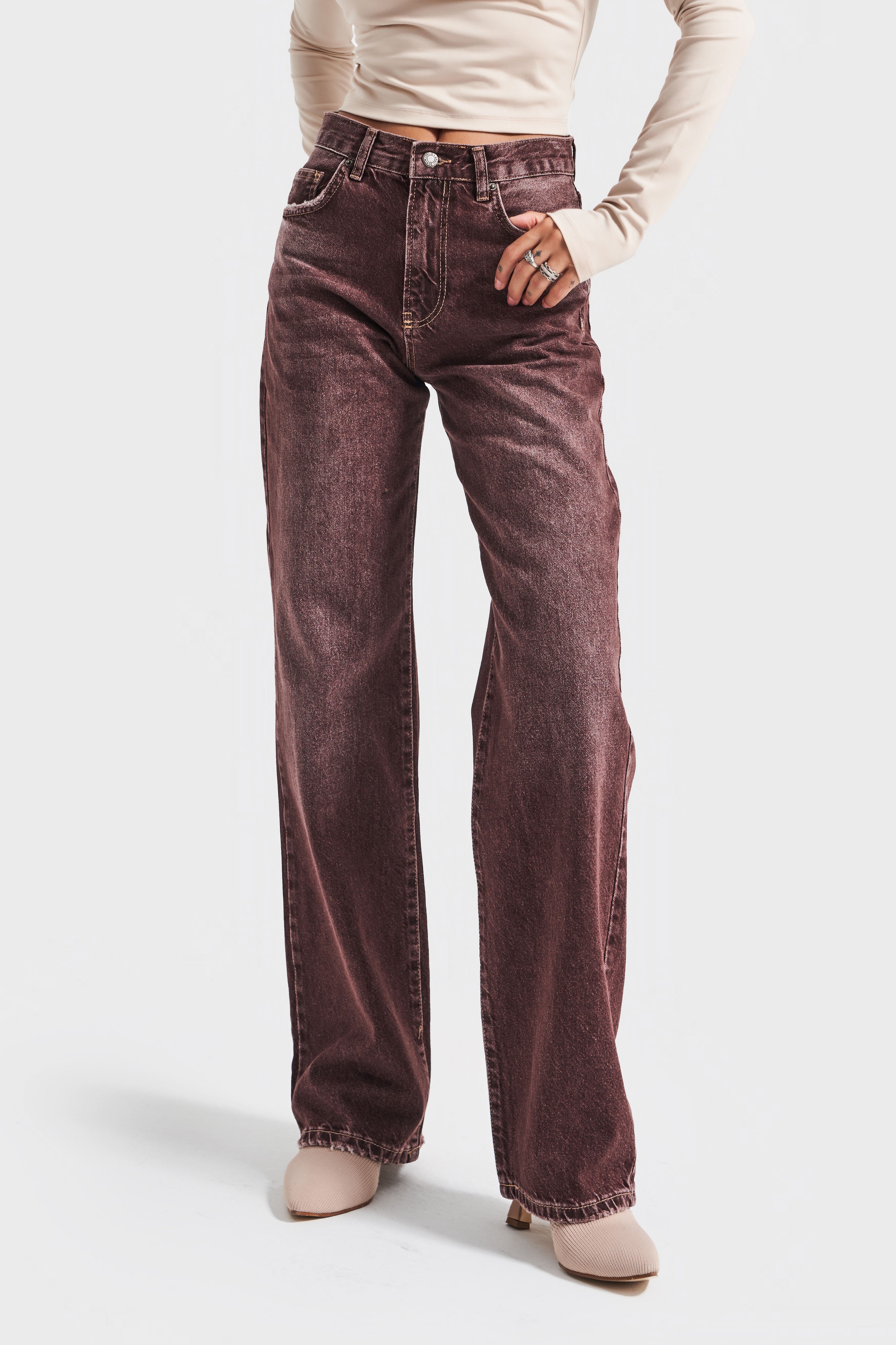 Kadın Taşlanmış Bordo Renk 2w5-131 Loose Fit Orta Bel İç Boy 80cm %100 Koton Denim Jean