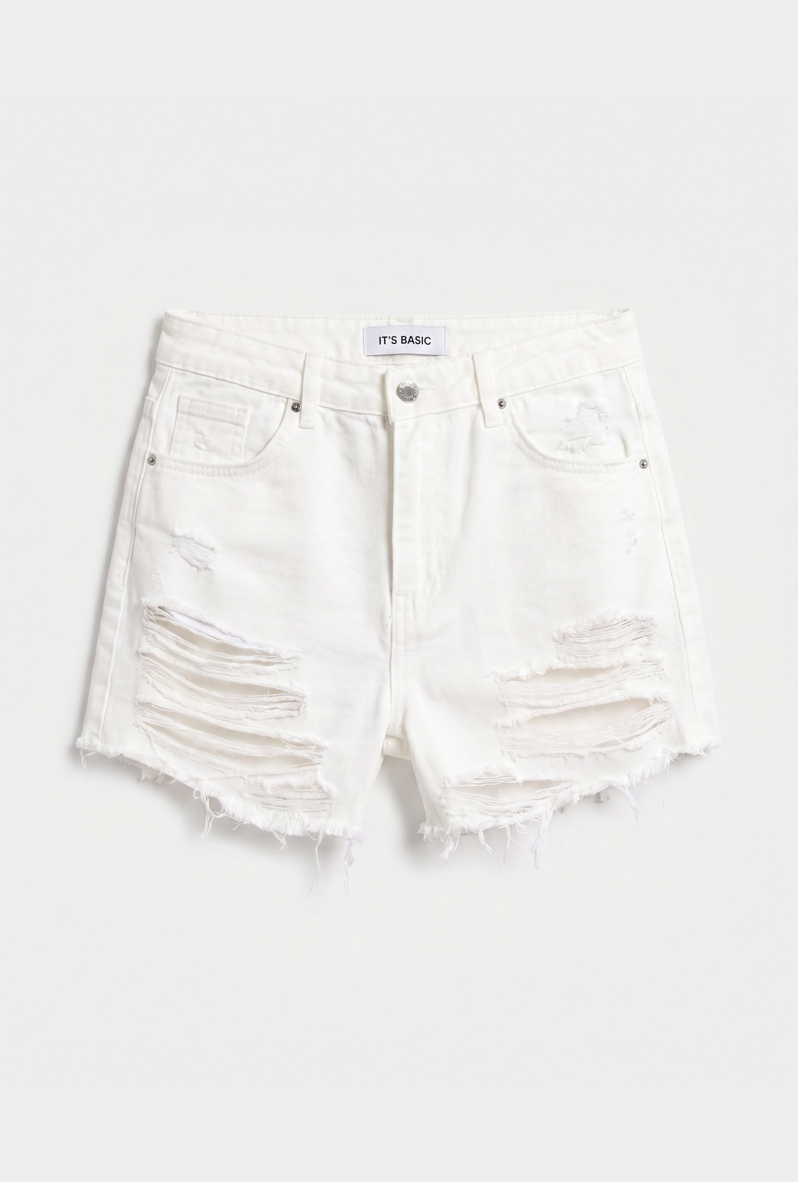Kadın Kırık Beyaz 15s6-101 Mini Boy Yüksek Bel Yırtık Detaylı Püsküllü %100 Koton Denim Şort