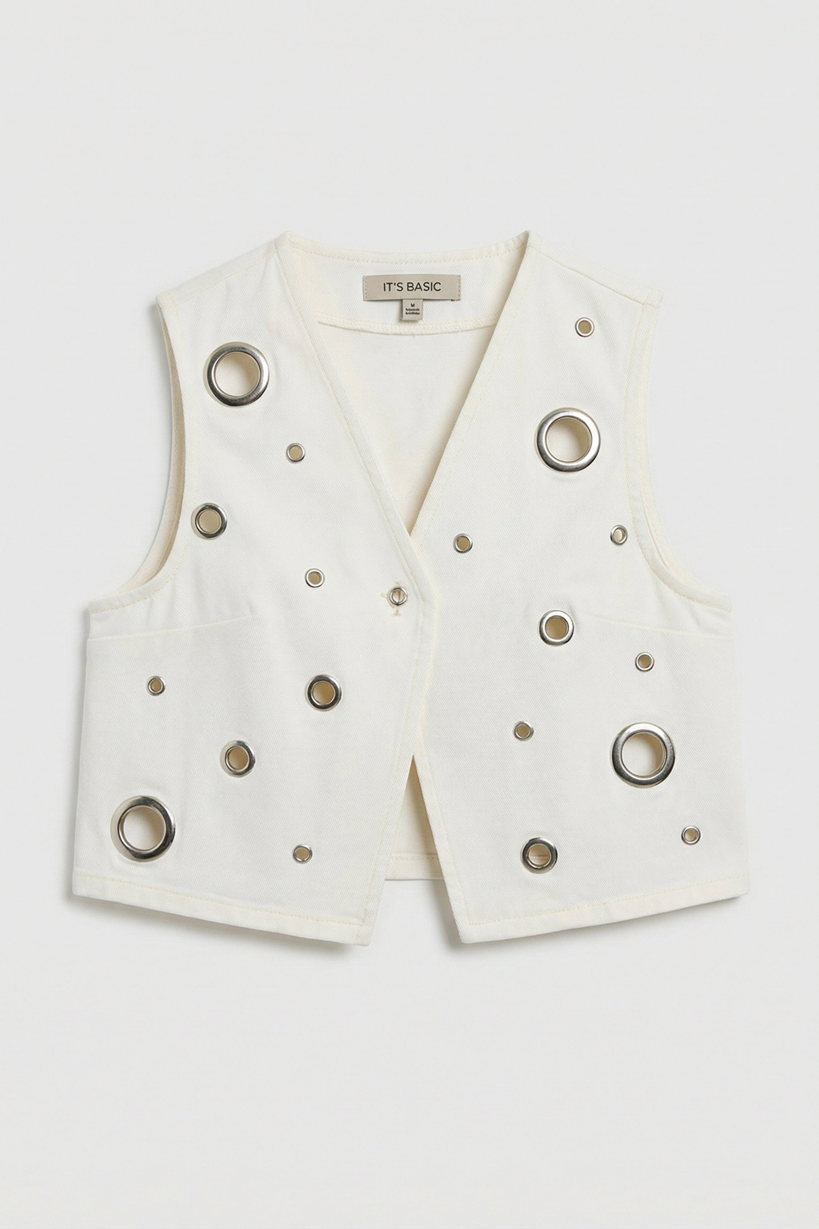 Kadın Kırık Beyaz 7s6-101 Crop Kuş Gözü Detaylı Özel Tasarım Denim Yelek