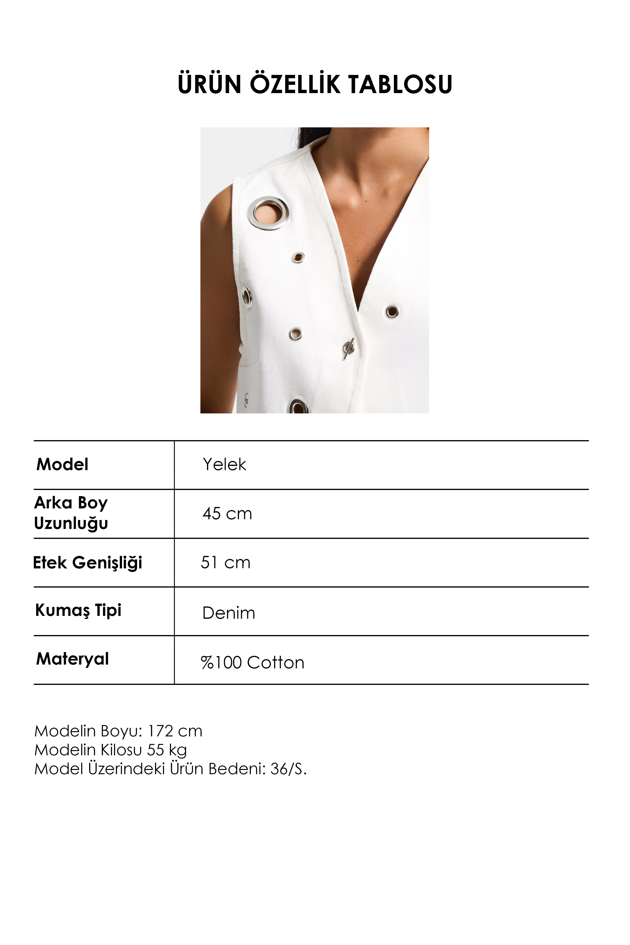 Kadın Kırık Beyaz 7s6-101 Crop Kuş Gözü Detaylı Özel Tasarım Denim Yelek