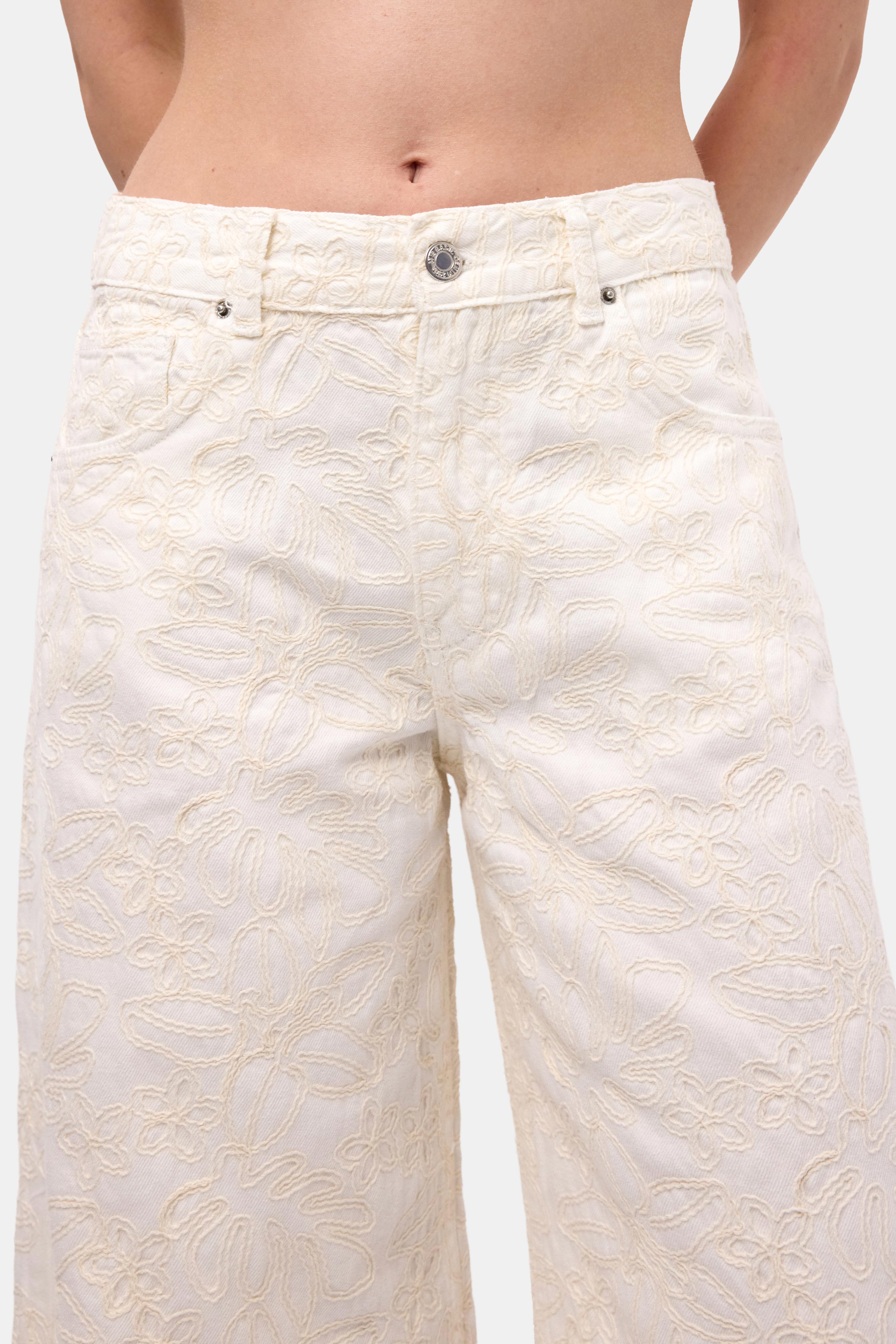 Kadın Kırık Beyaz 7s6-101 Palazzo Fit Özel Nakışlı Tasarım Denim Jean