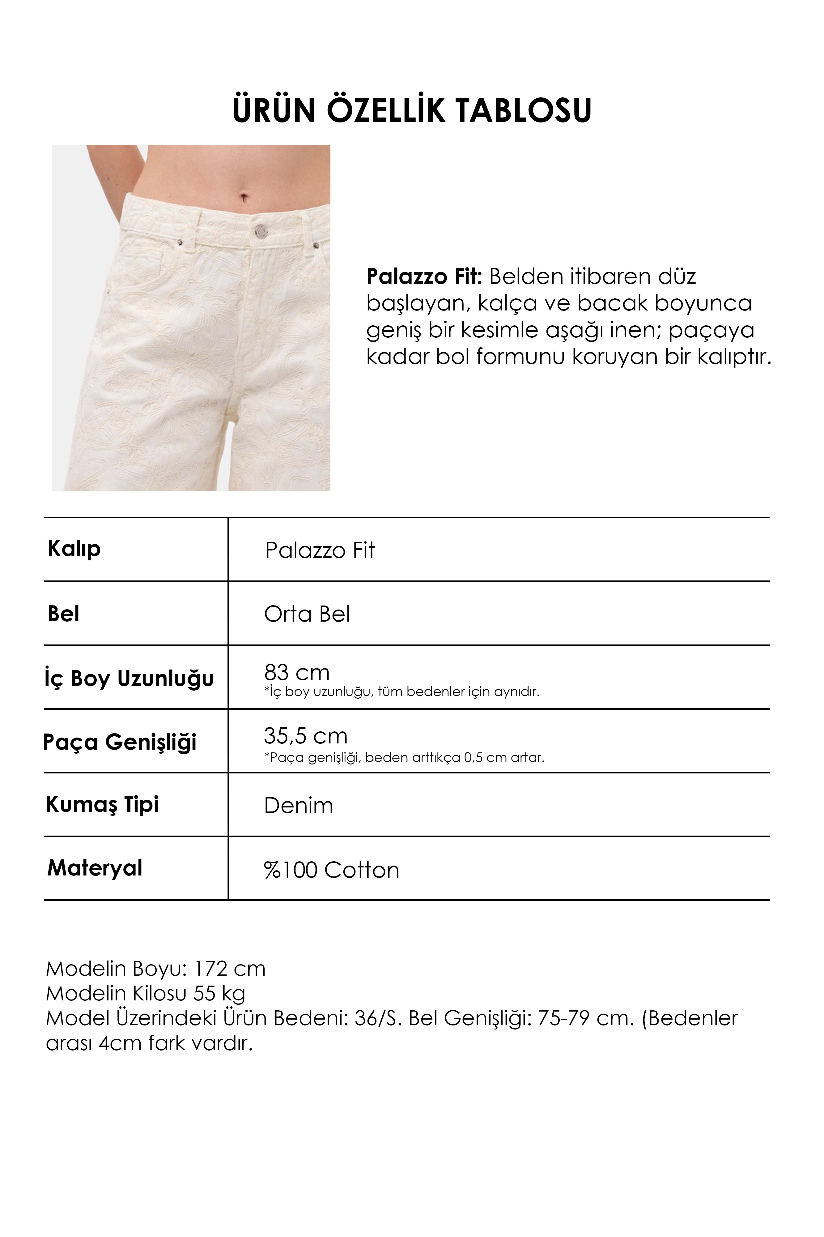 Kadın Kırık Beyaz 7s6-101 Palazzo Fit Özel Nakışlı Tasarım Denim Jean
