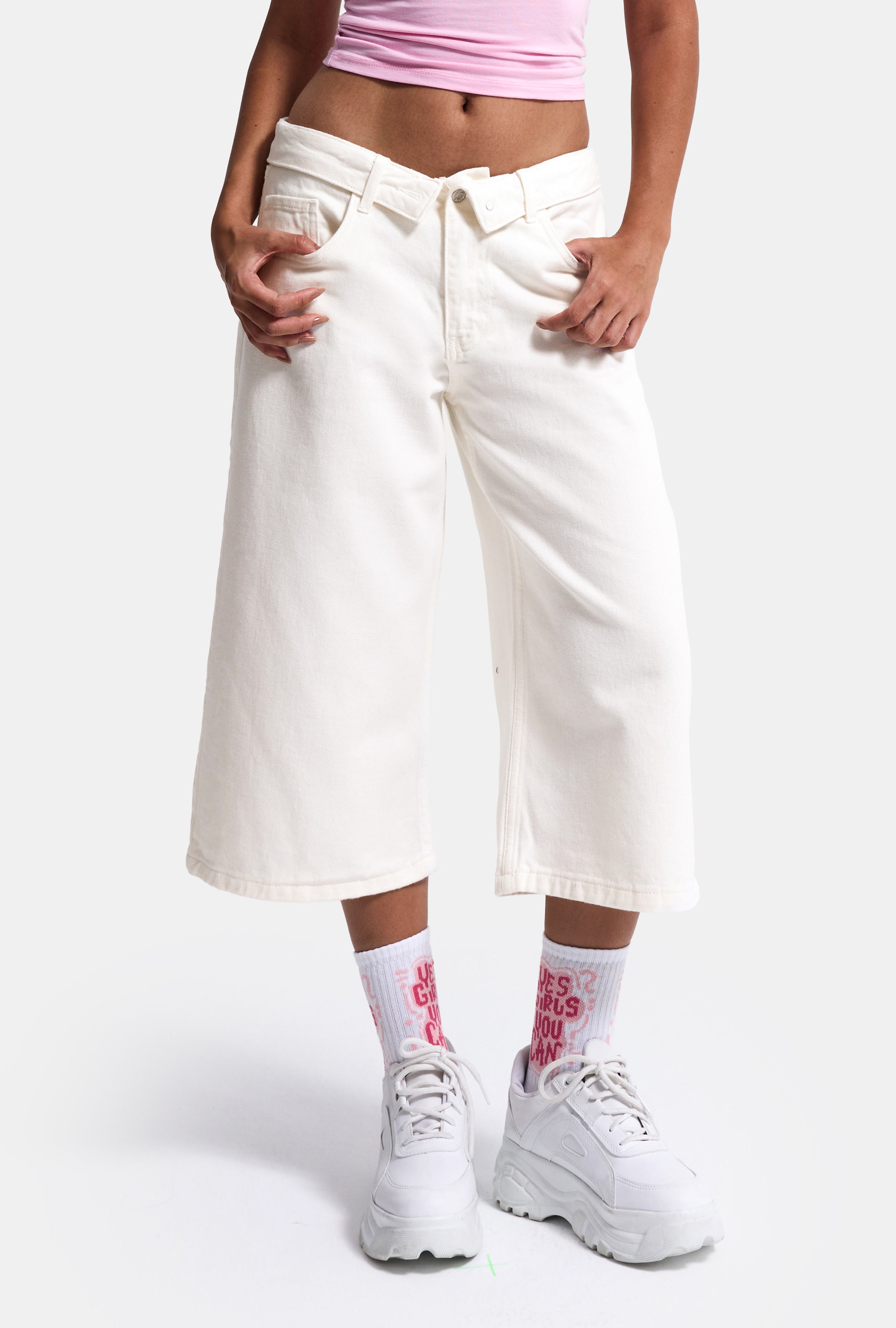 Kadın Kırık Beyaz 7s6-101 Straight Fit Maxi Bermuda Denim Şort