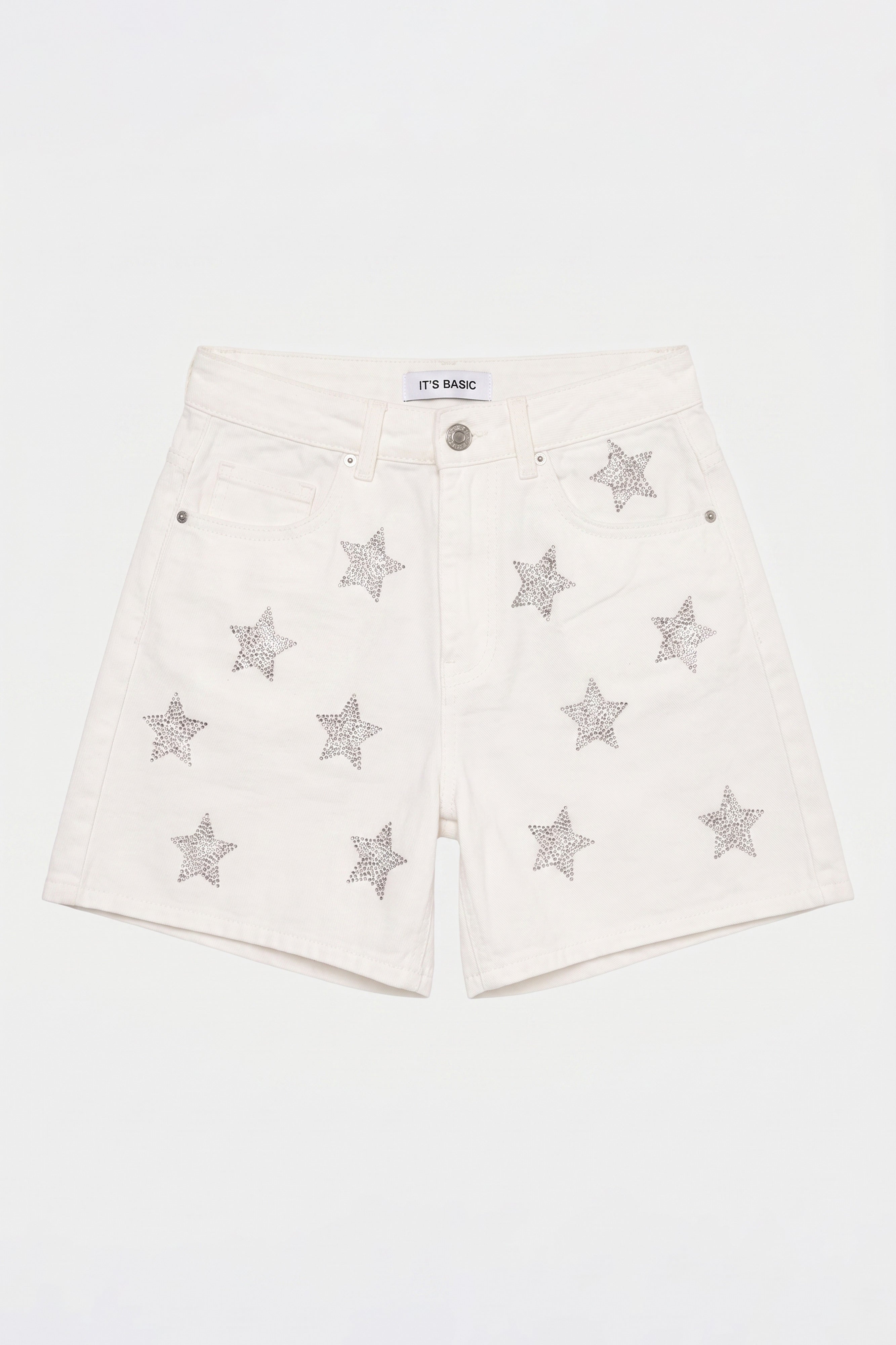Kadın Kırık Beyaz T-7s6-101 Mom Relax Yıldız Detaylı Tasarım Denim Şort