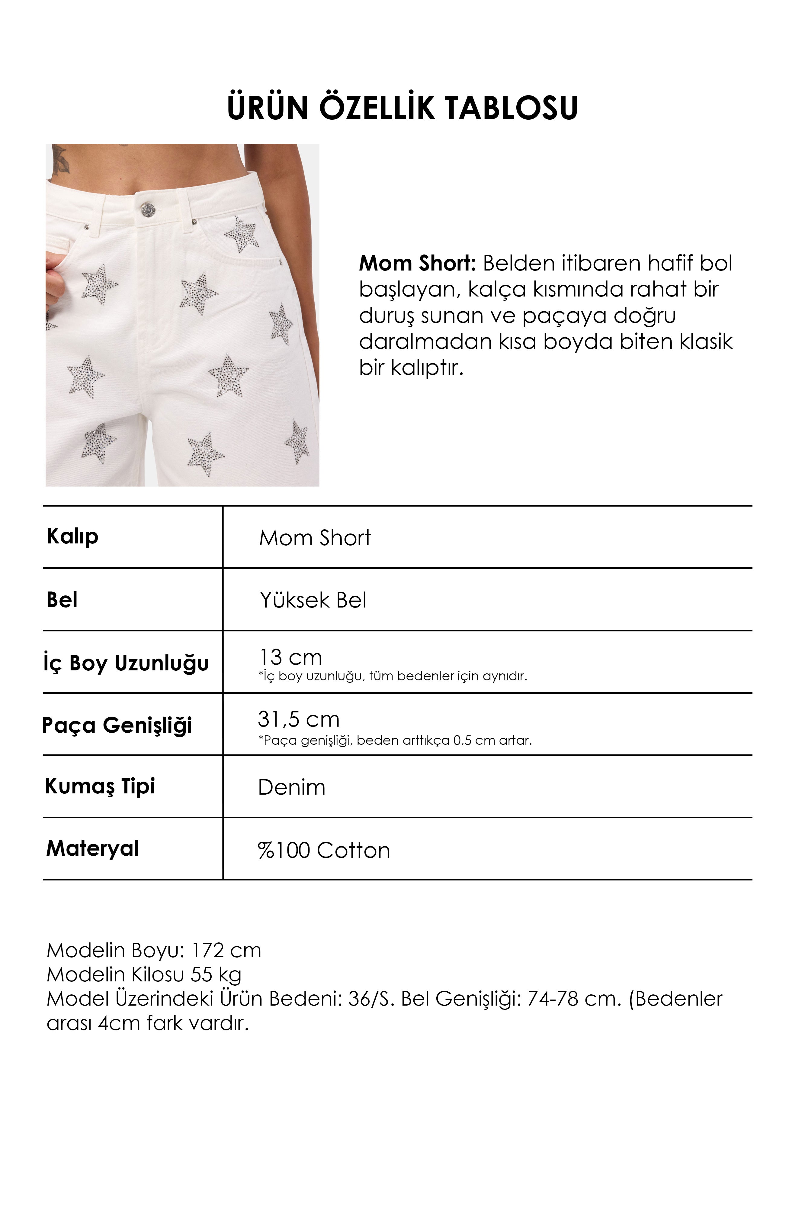 Kadın Kırık Beyaz T-7s6-101 Mom Relax Yıldız Detaylı Tasarım Denim Şort