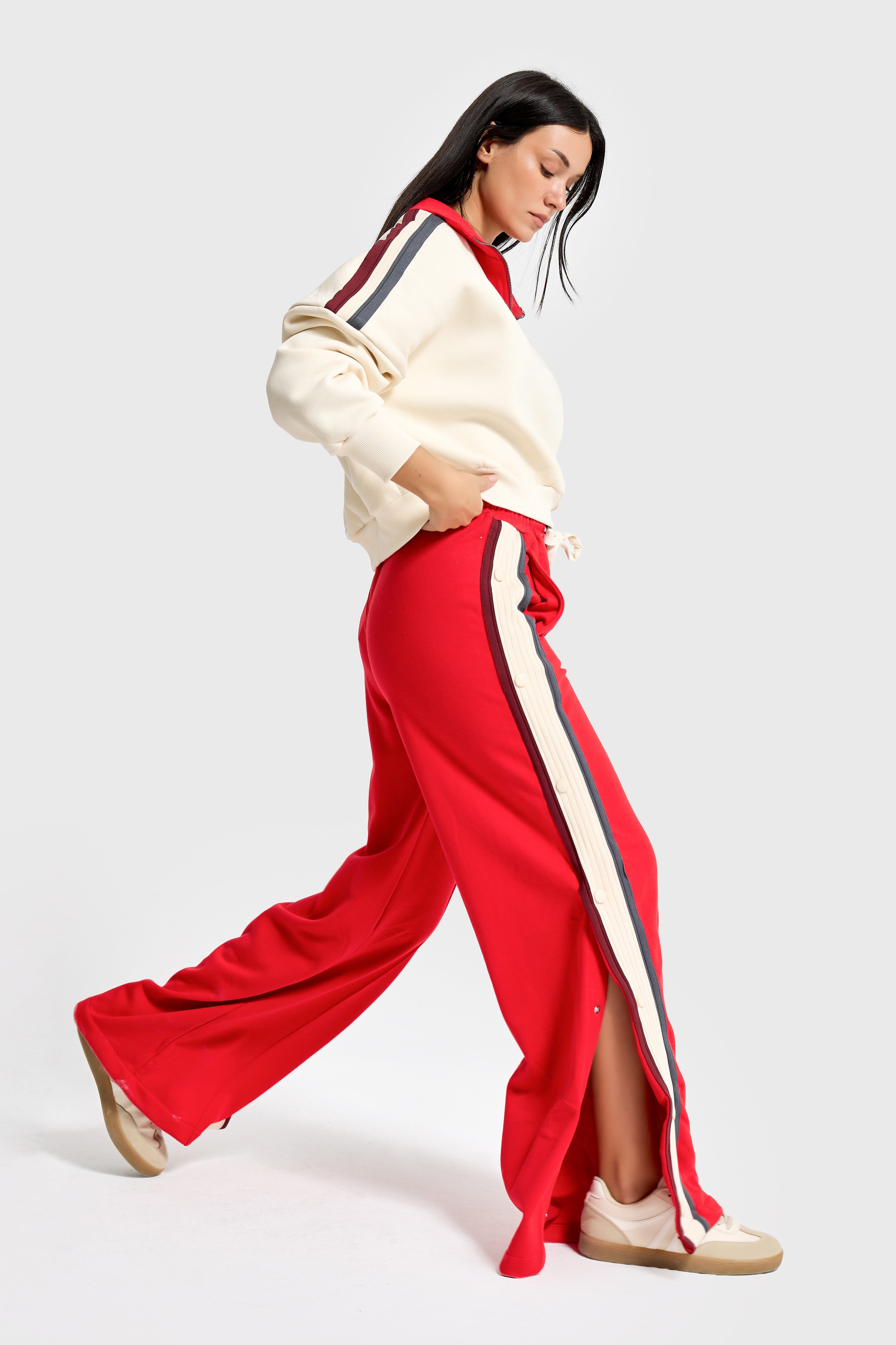 Kadın Kırmızı Bej w5-105 Sweatshirt Eşofman Pantolon 2'li Tasarım Takım