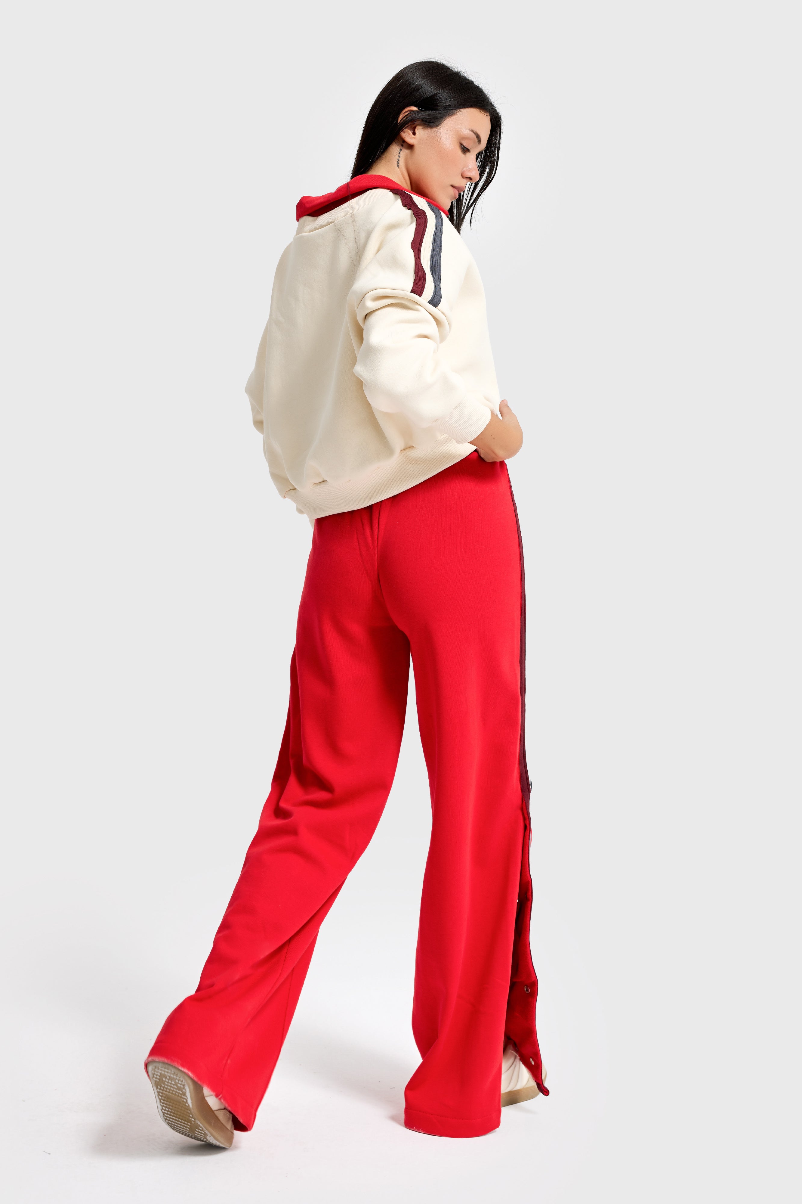 Kadın Kırmızı Bej w5-105 Sweatshirt Eşofman Pantolon 2'li Tasarım Takım