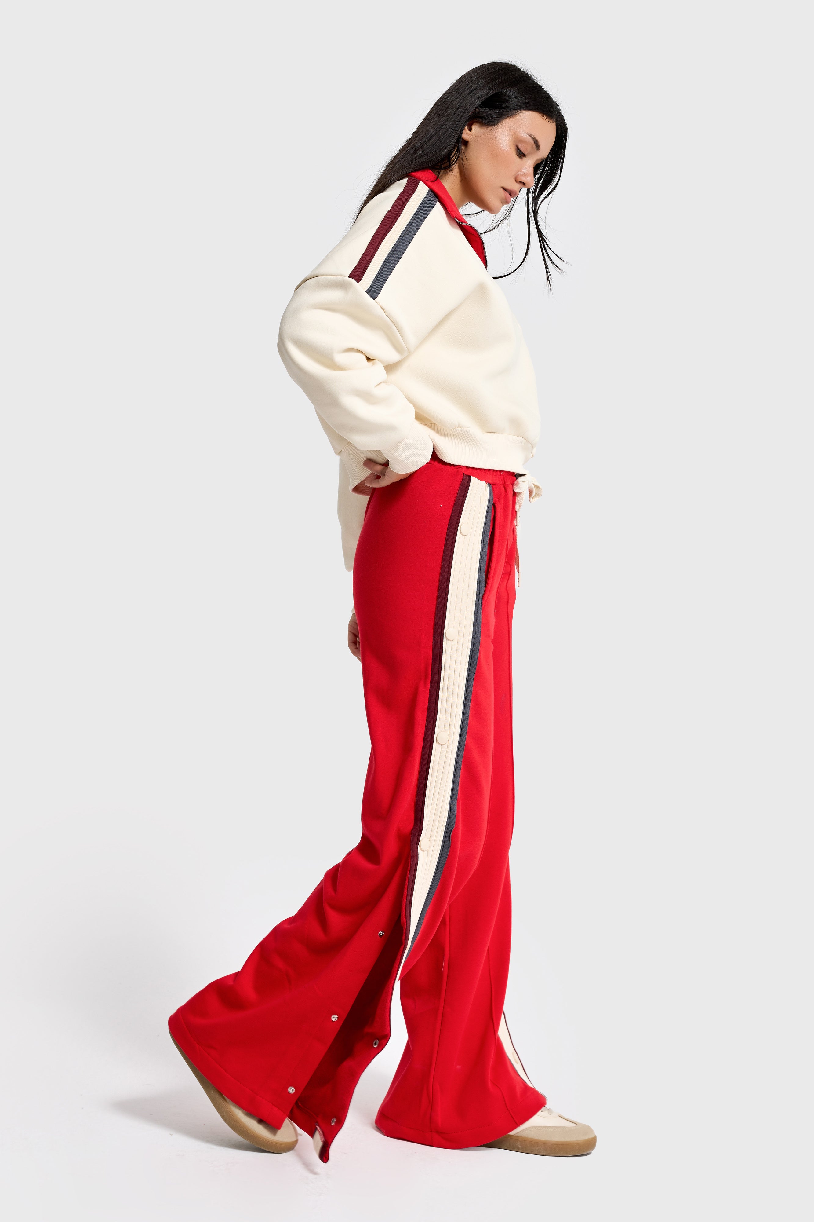 Kadın Kırmızı Bej w5-105 Sweatshirt Eşofman Pantolon 2'li Tasarım Takım