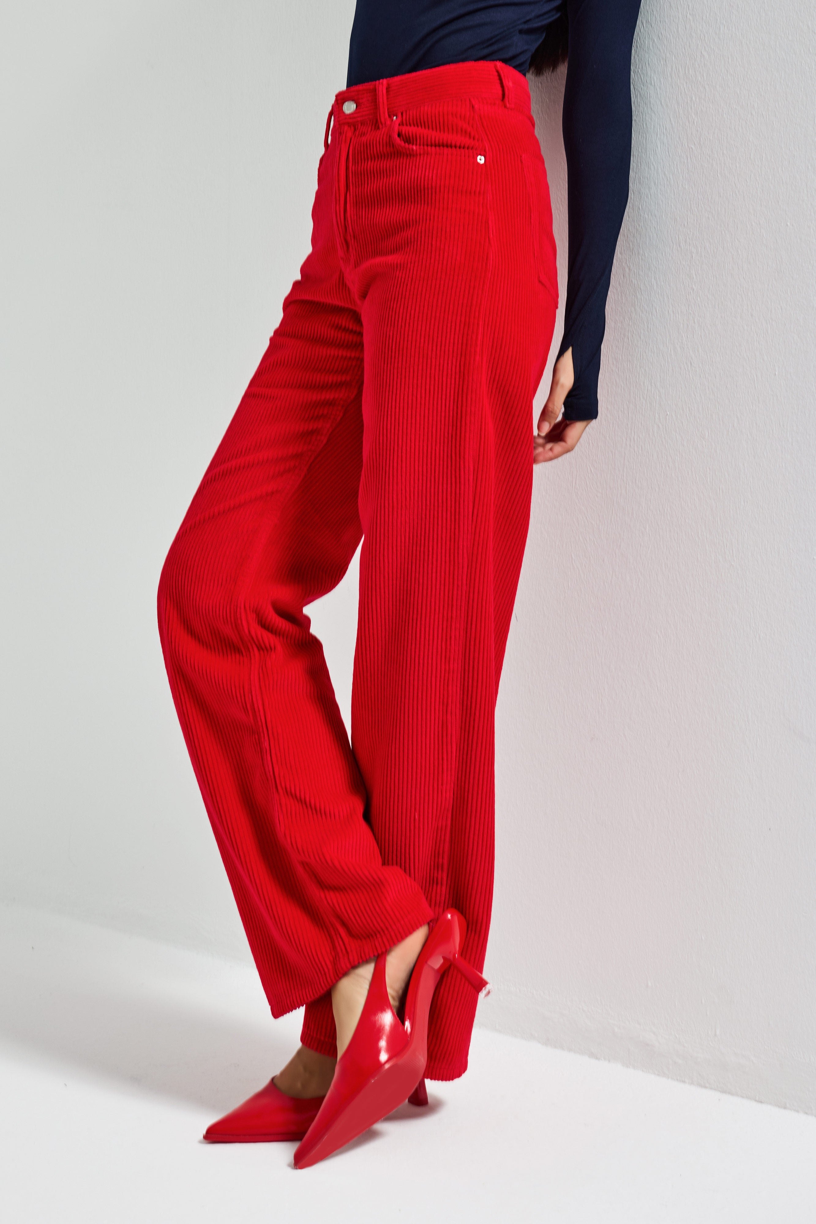 Kadın Kırmızı Doris 26w5-19 Straight Fit Yüksek Bel Kalın Fitilli Kadife Velvet Kumaş Pantolon