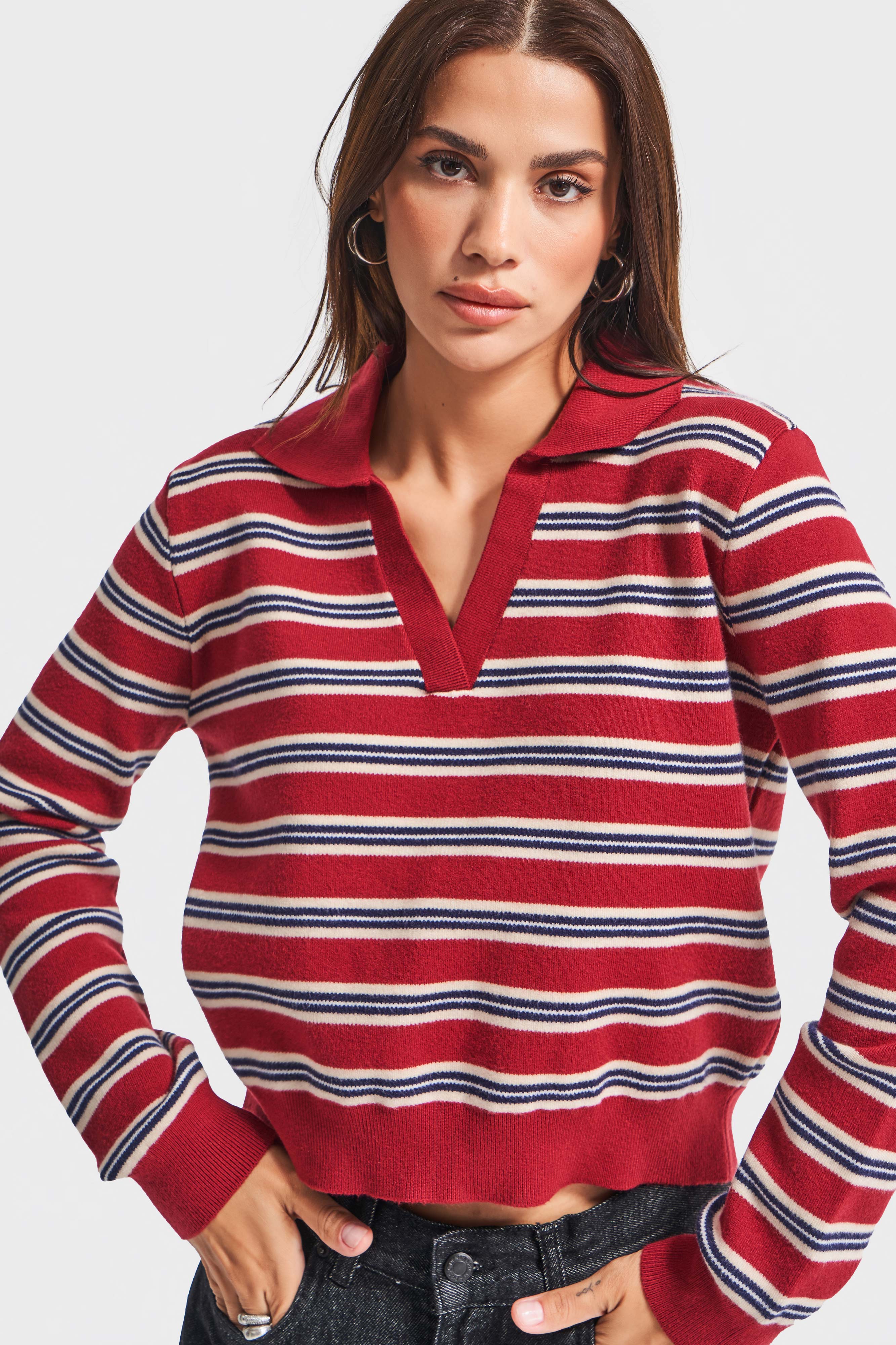 Kadın Kırmızı İndigo Renk w5-35 Polo Yaka Çizgili Rahat Kesim Örme Triko Swetshirt