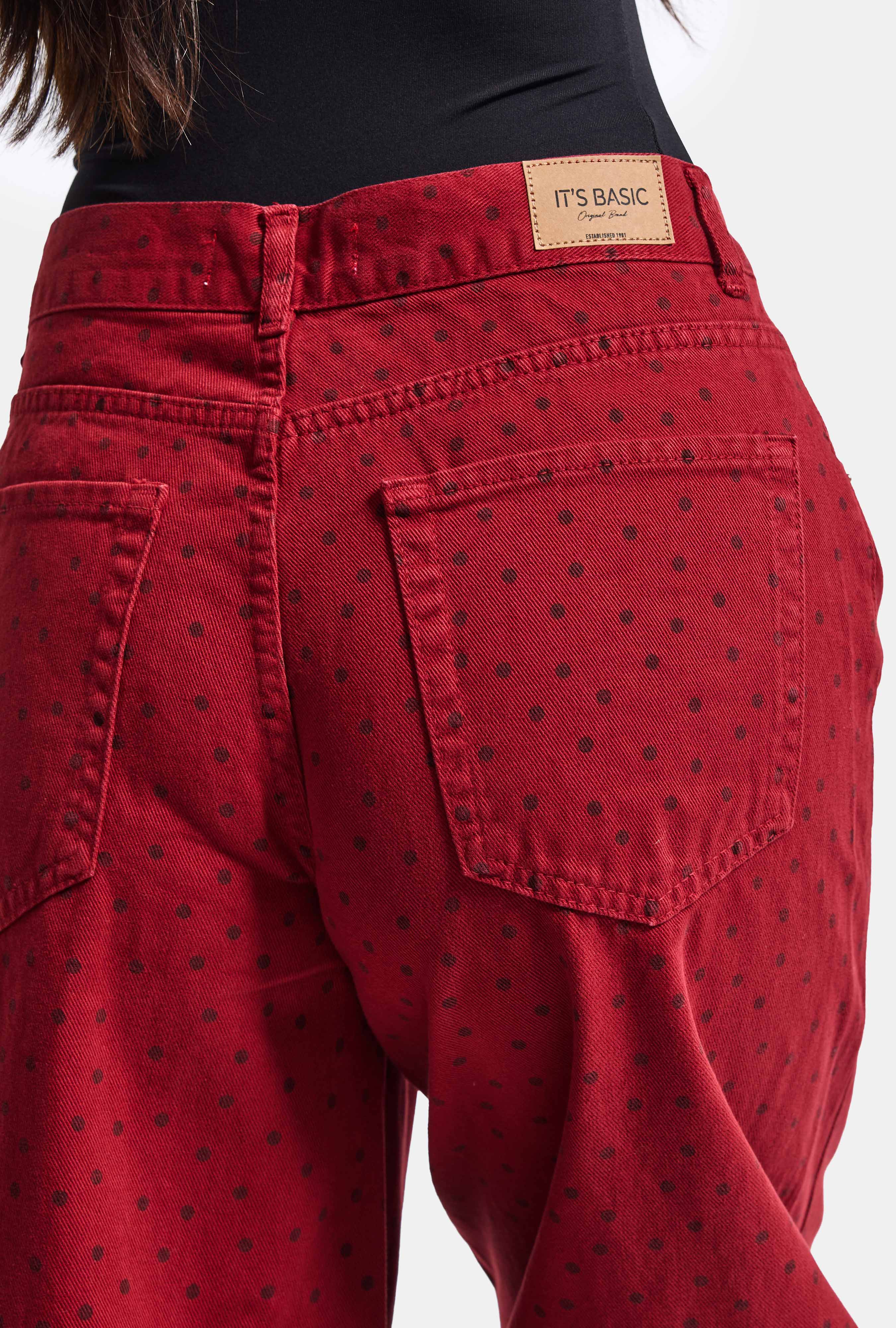 Kadın Kırmızı Puantiye P-6w6-35 Palazzo Fit Denim Jean