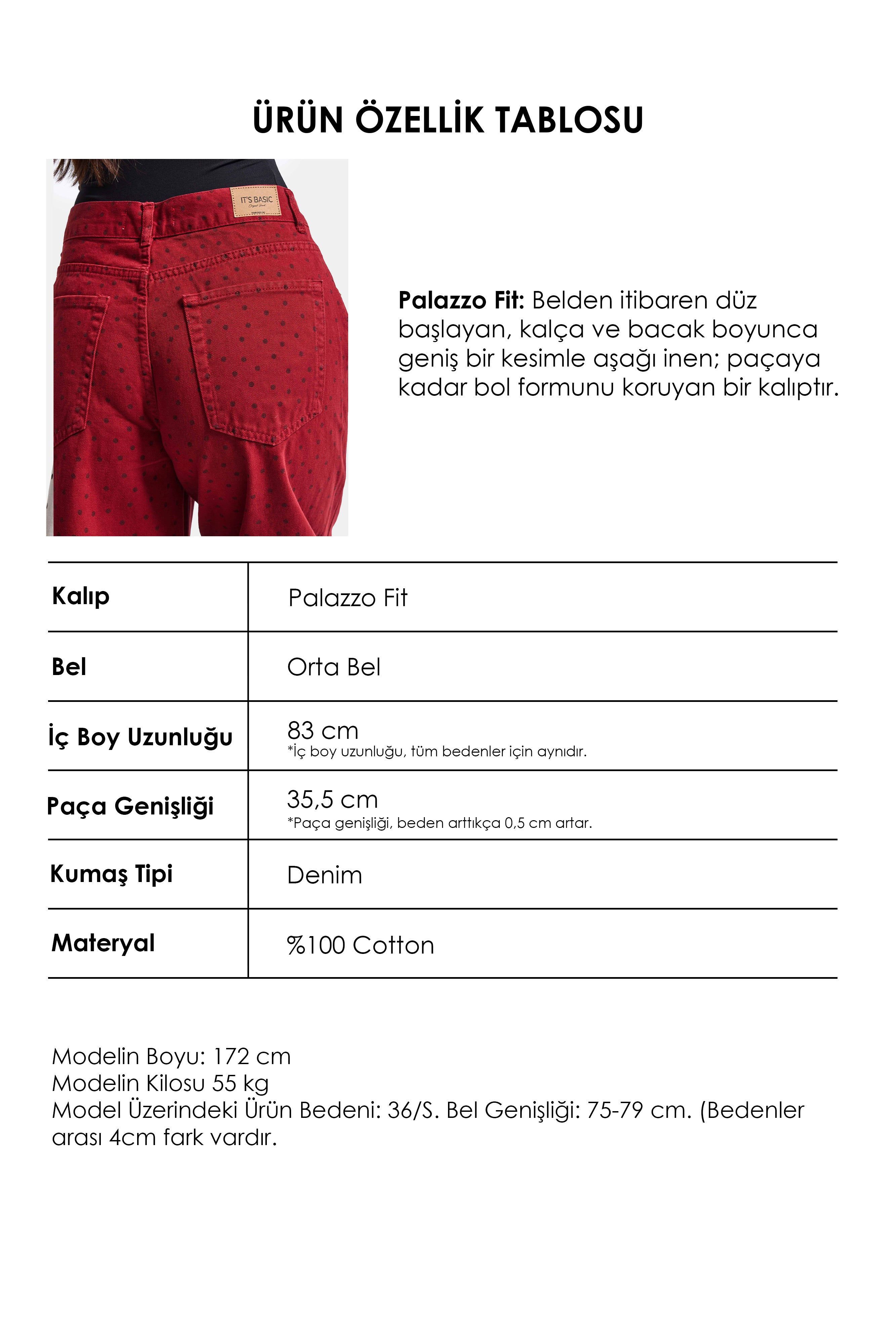 Kadın Kırmızı Puantiye P-6w6-35 Palazzo Fit Denim Jean