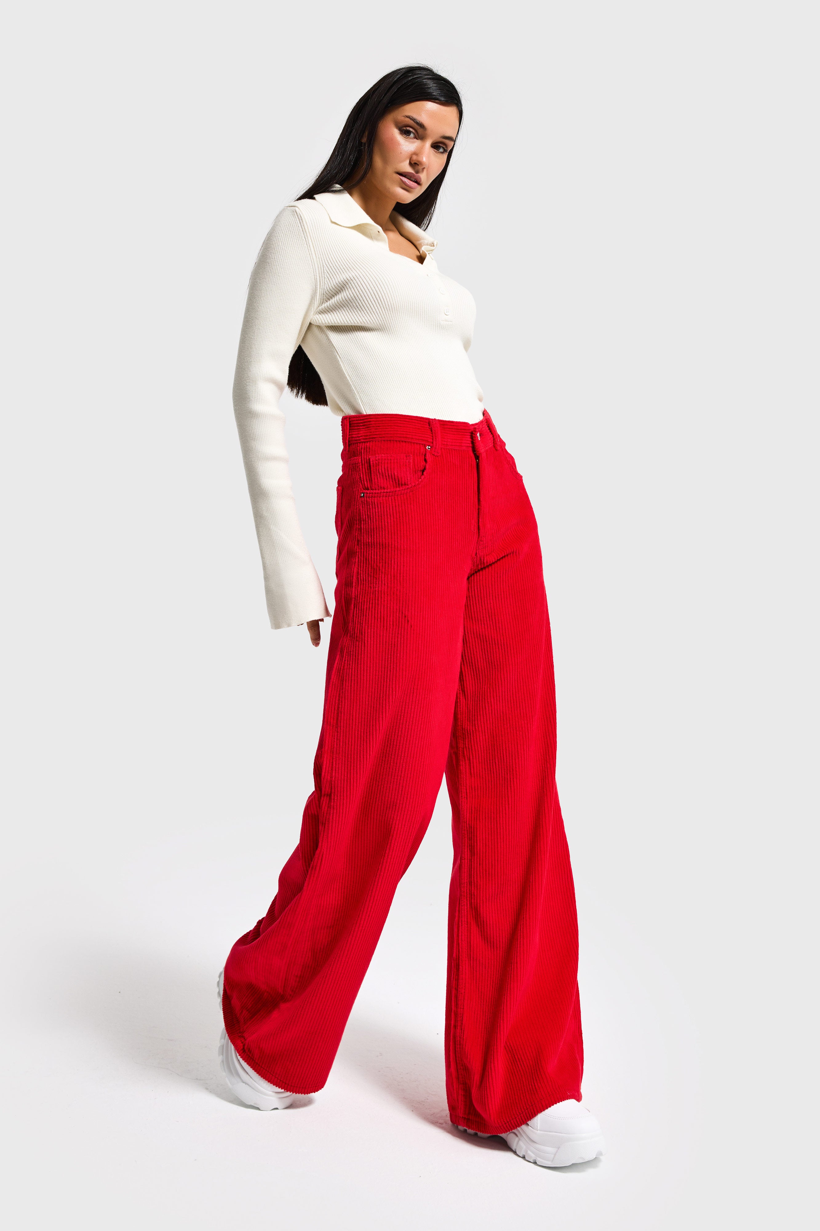 Kadın Kırmızı Renk Hera 26w5-19 Palazzo Fit Kalın Fitilli Velvet Kadife Kumaş Pantolon