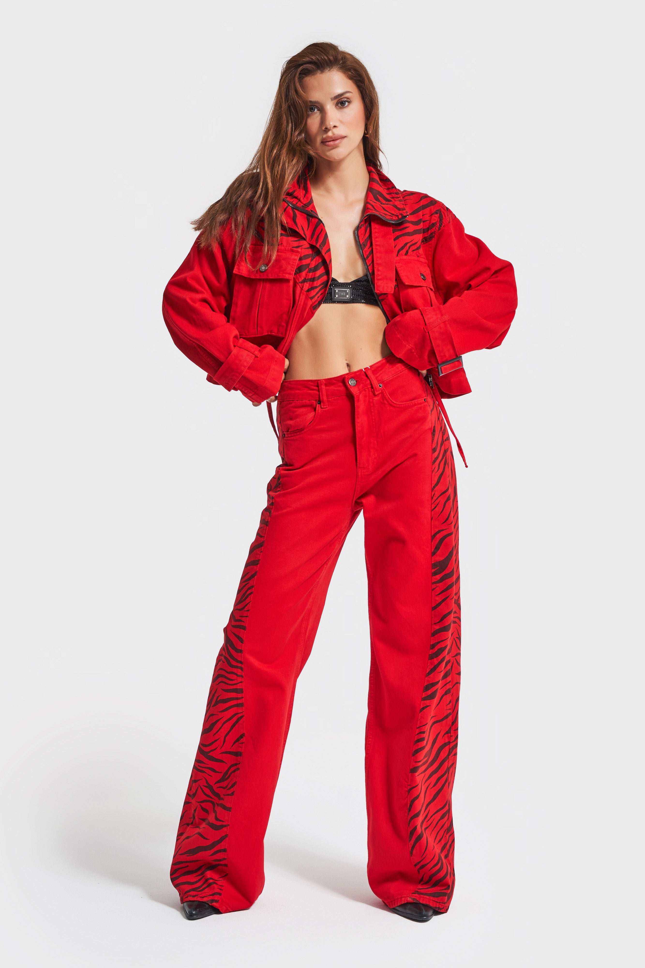 Women's Red Color Palazzo Fit Special Fabric Design Trousers