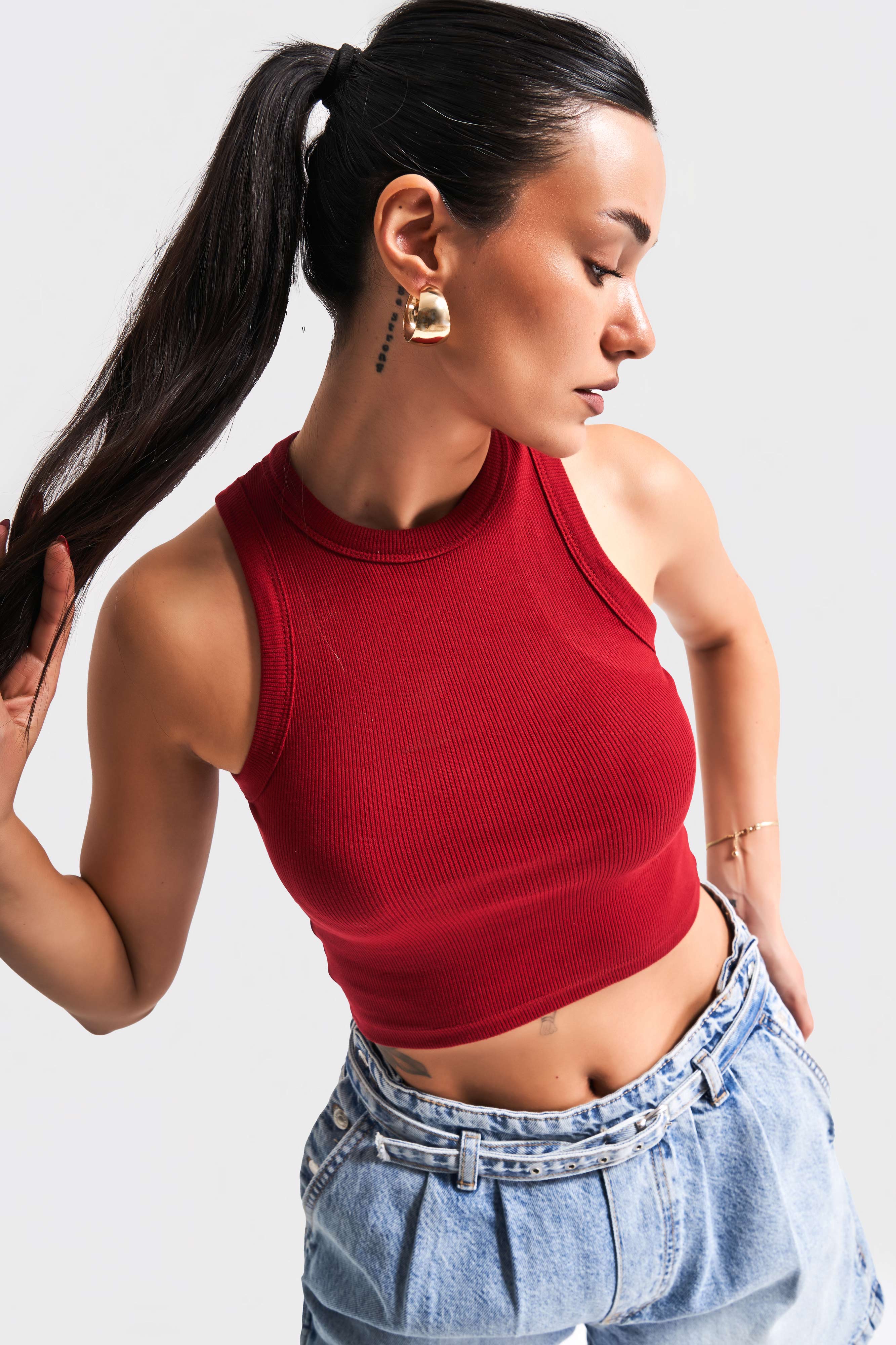 Kadın Kırmızı Renk s5-35 Halter Yaka Esnek Kaşkorse Kumaş Crop Top Body