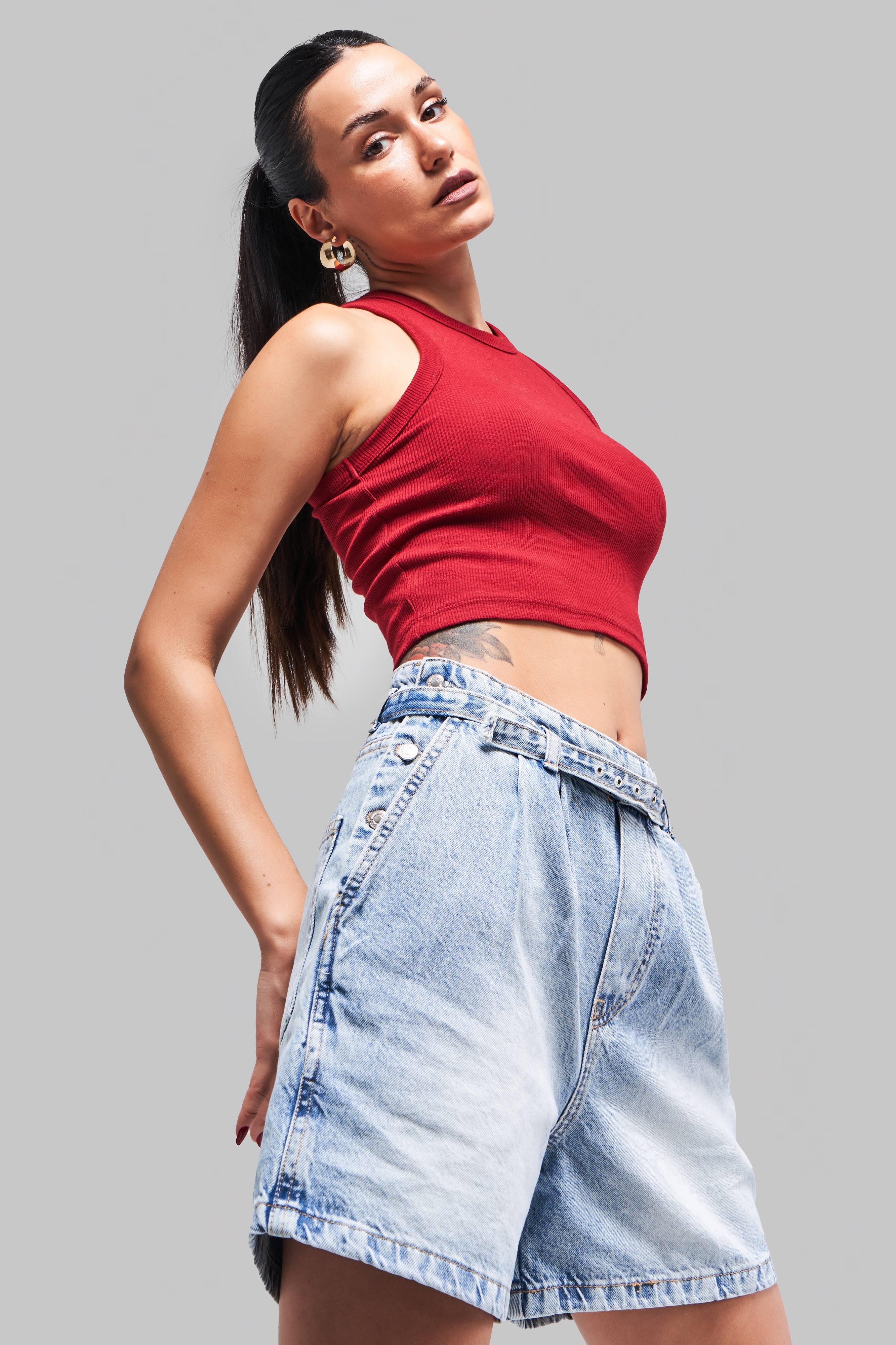 Kadın Kırmızı Renk s5-35 Halter Yaka Esnek Kaşkorse Kumaş Crop Top Body