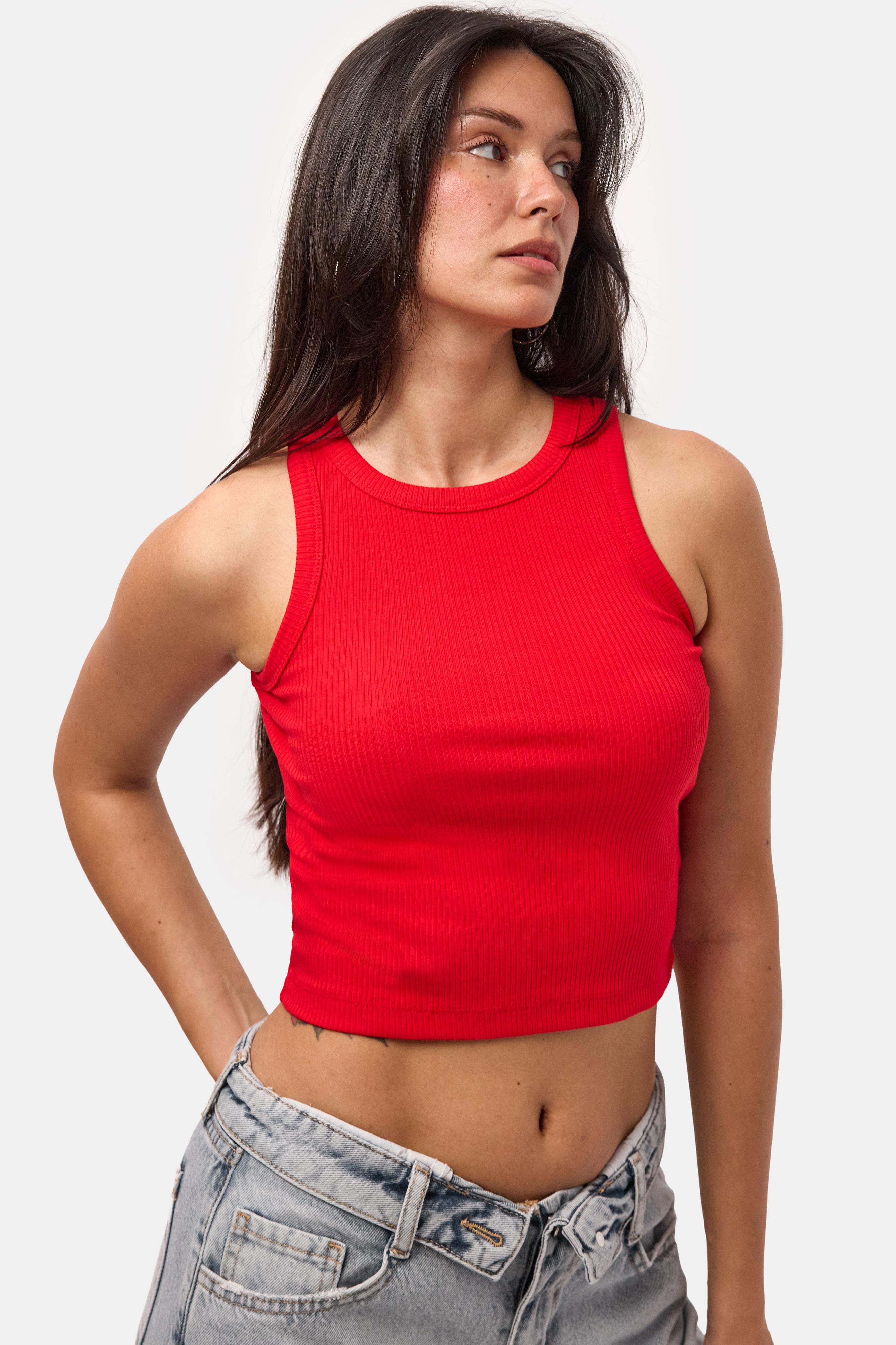 Kadın Kırmızı s6-19 Sıfır Kol Esnek Kumaş Crop Top