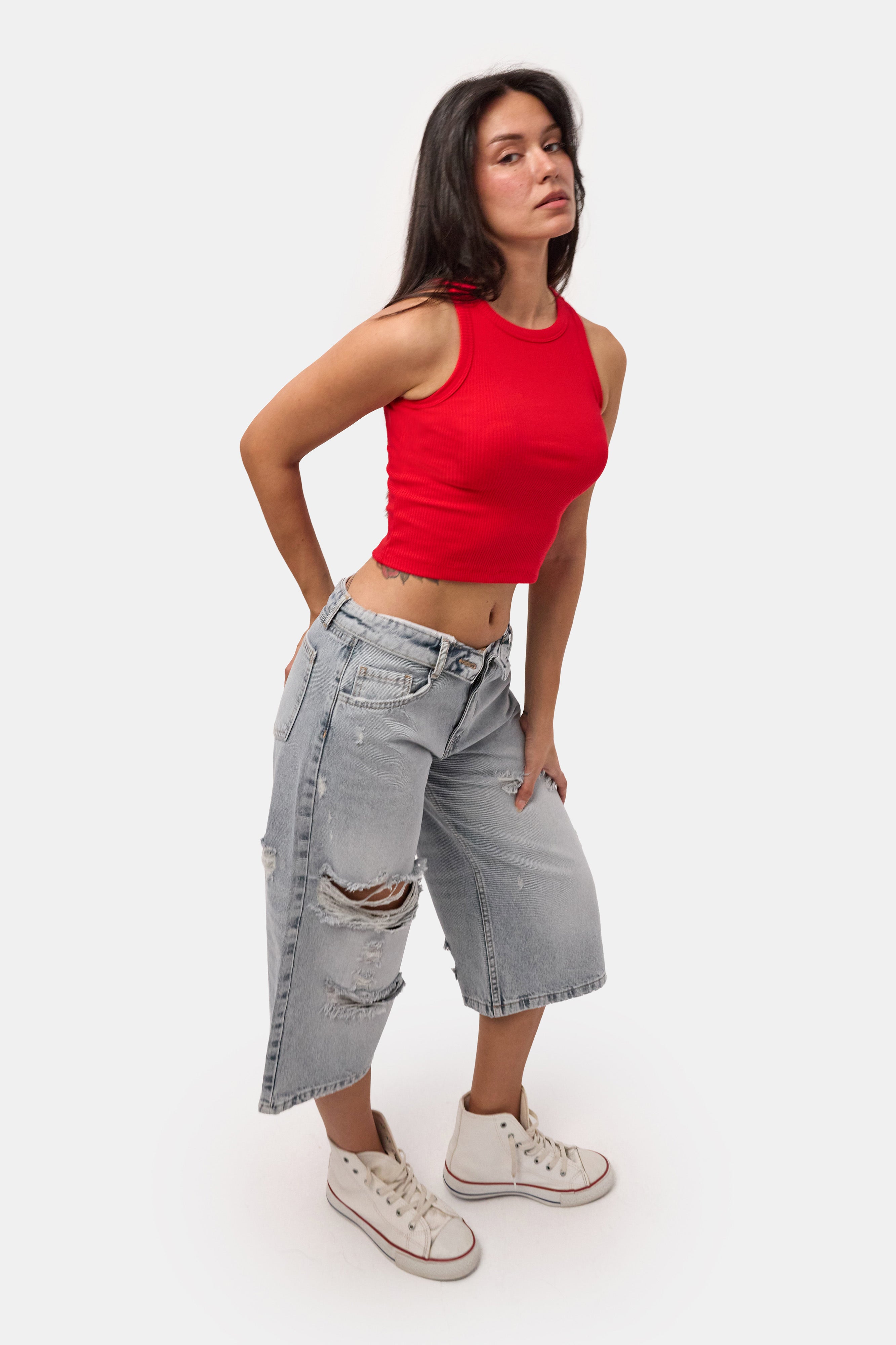 Kadın Kırmızı s6-19 Sıfır Kol Esnek Kumaş Crop Top