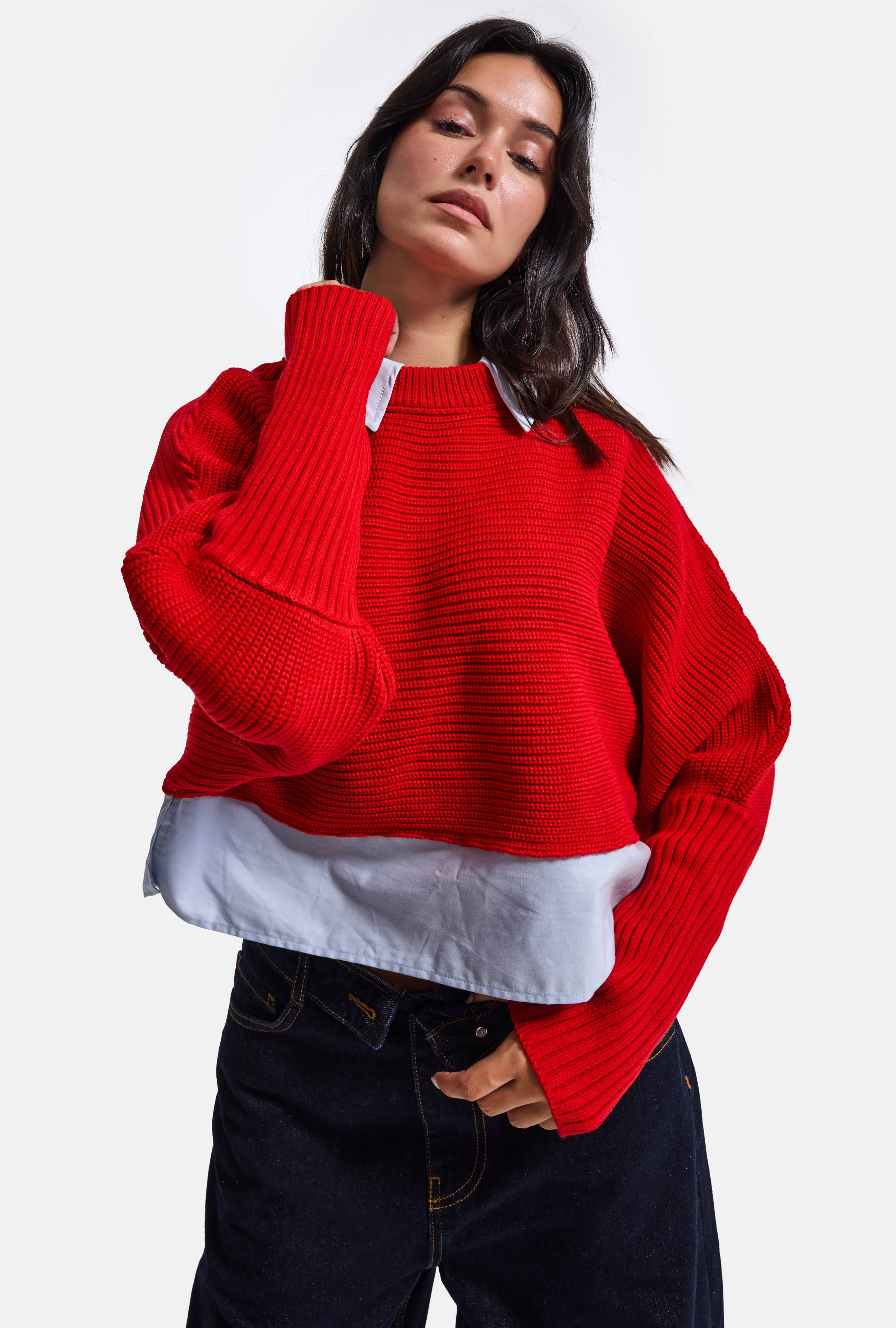 Kadın Kırmızı w6-19 Oversize Tek Parça Gömlek Yaka Detaylı Tasarım Triko Kazak