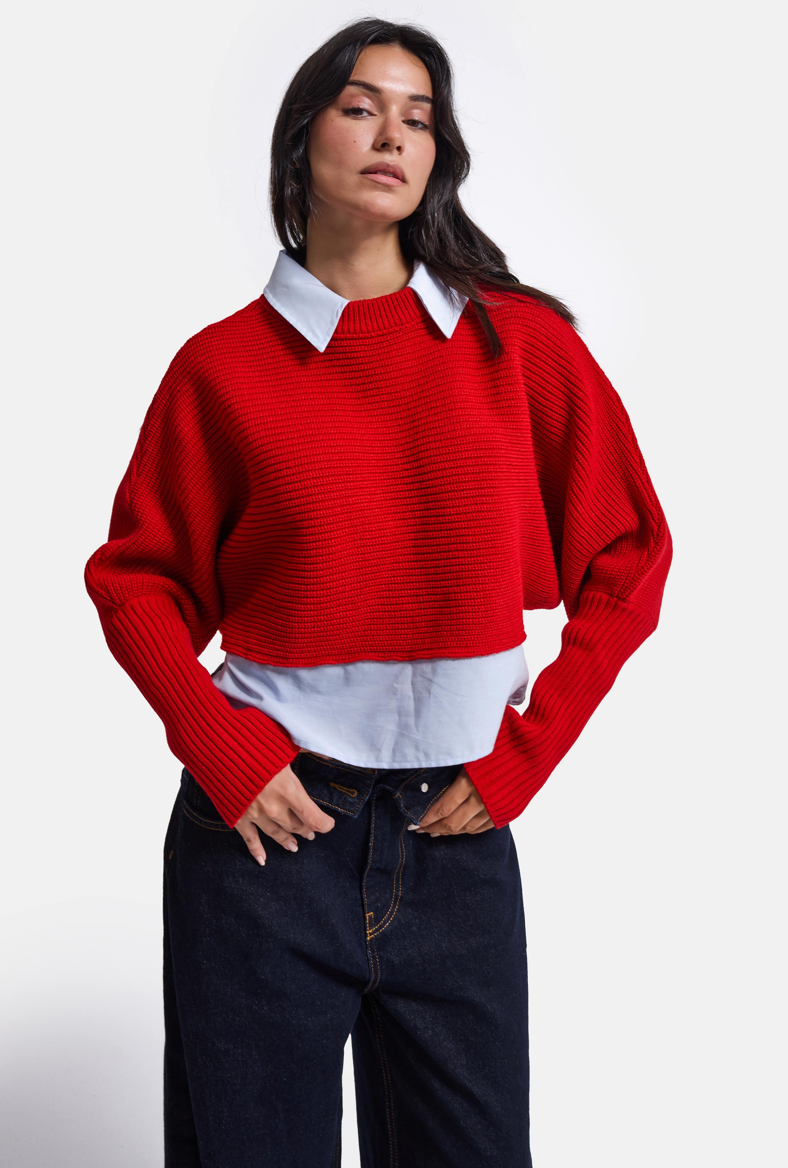 Kadın Kırmızı w6-19 Oversize Tek Parça Gömlek Yaka Detaylı Tasarım Triko Kazak