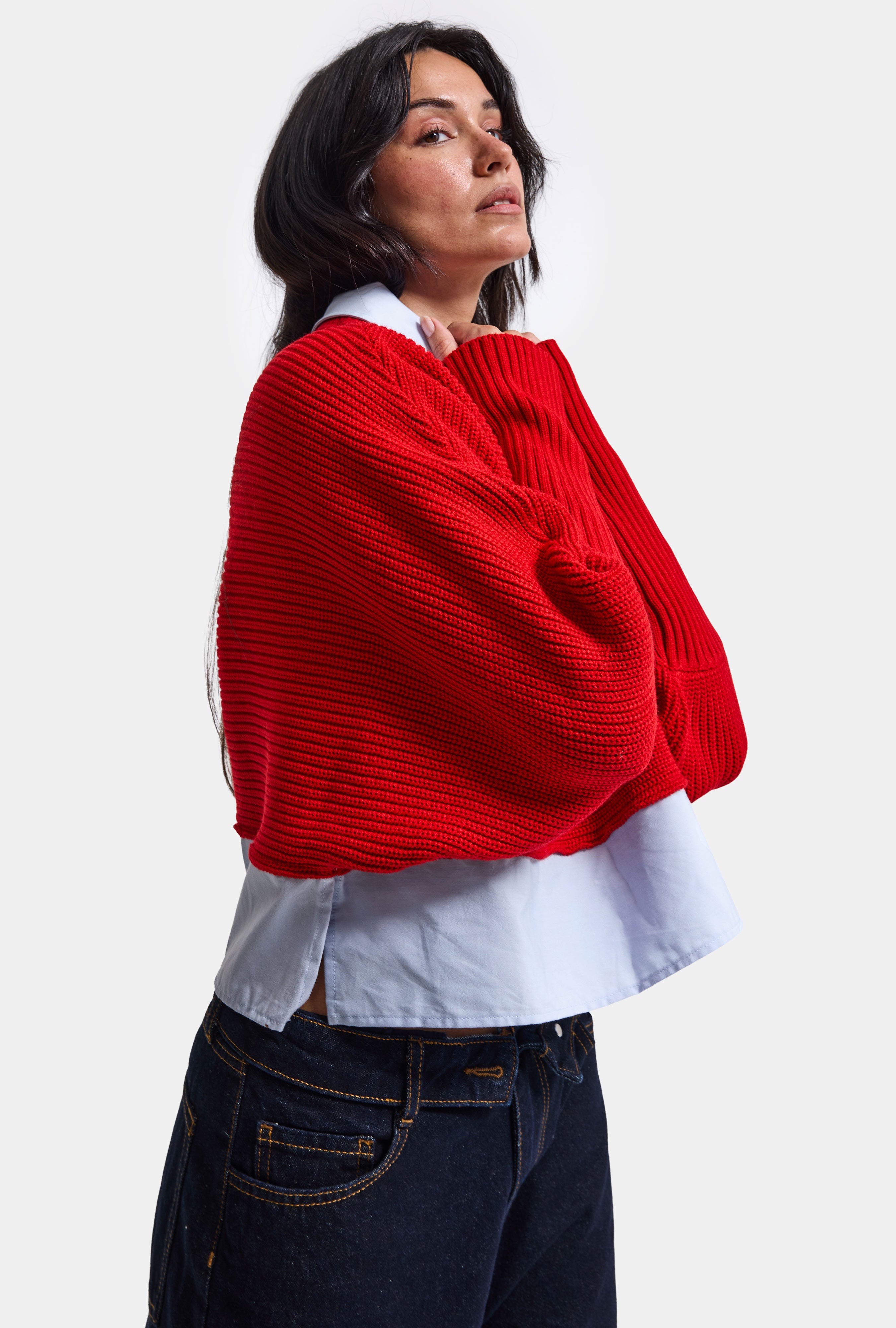 Kadın Kırmızı w6-19 Oversize Tek Parça Gömlek Yaka Detaylı Tasarım Triko Kazak