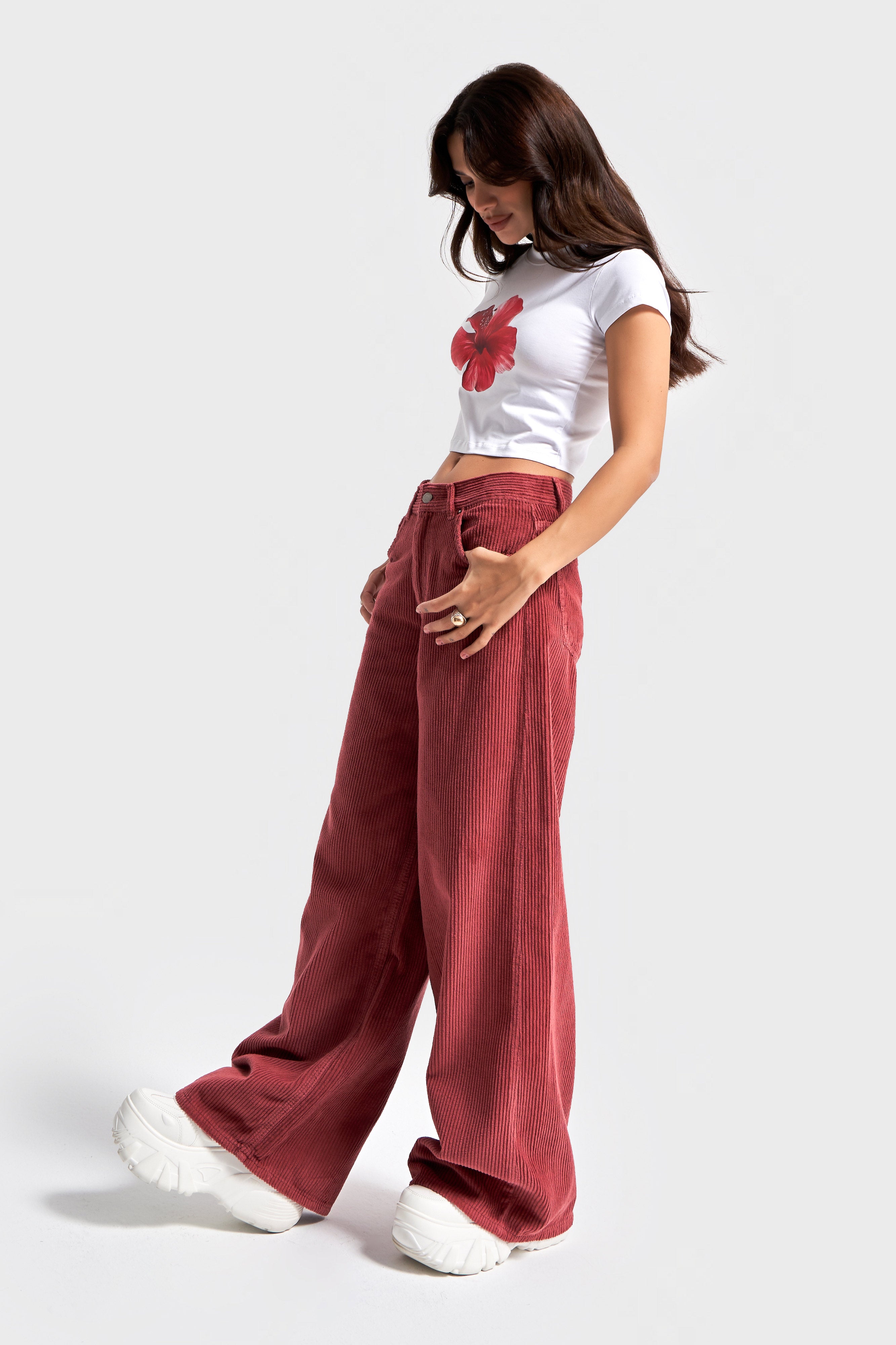 Kadın Koral Renk Hera 29w5-104 Palazzo Fit Kalın Fitilli Velvet Kadife Kumaş Pantolon