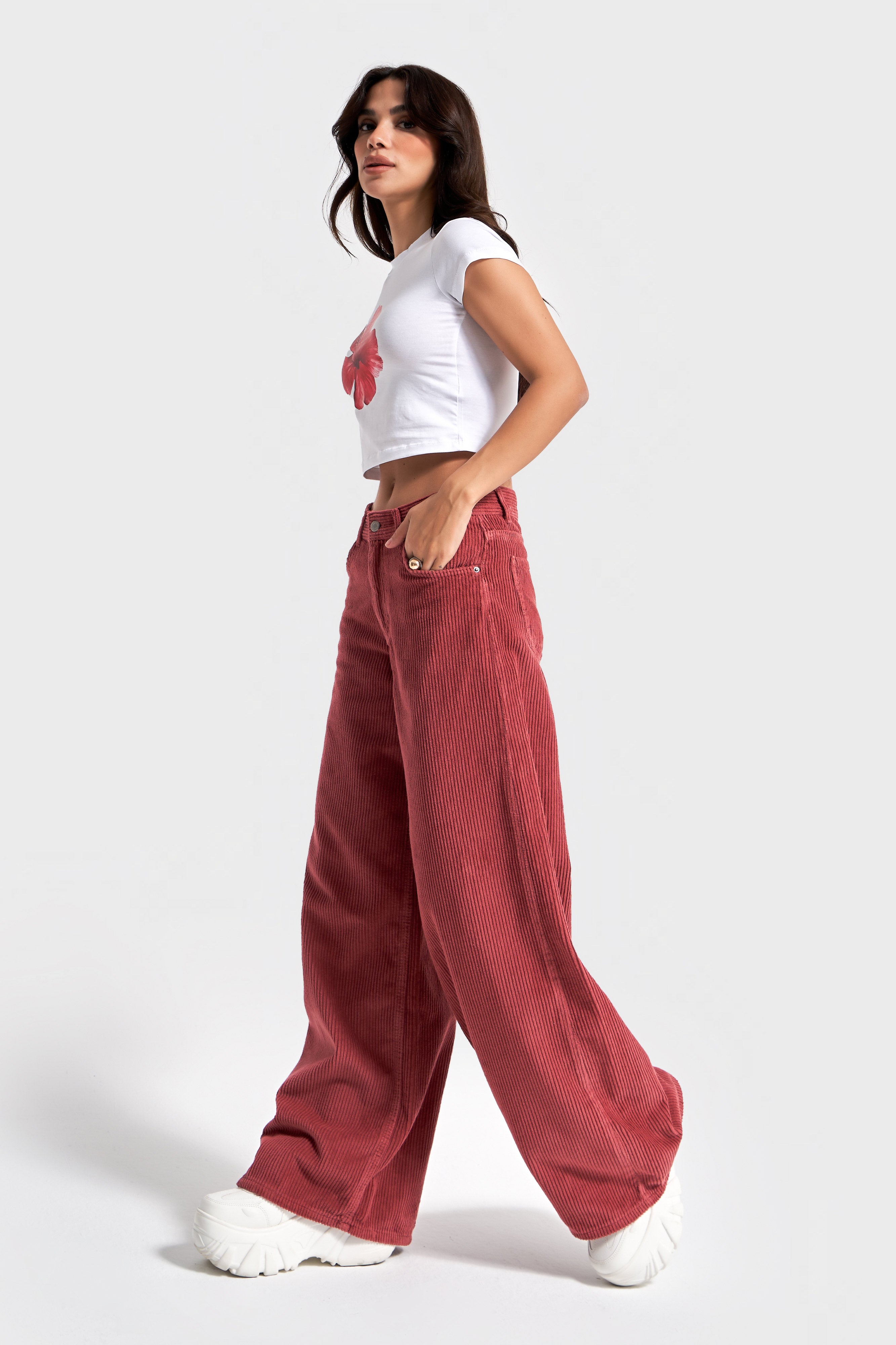 Kadın Koral Renk Hera 29w5-104 Palazzo Fit Kalın Fitilli Velvet Kadife Kumaş Pantolon