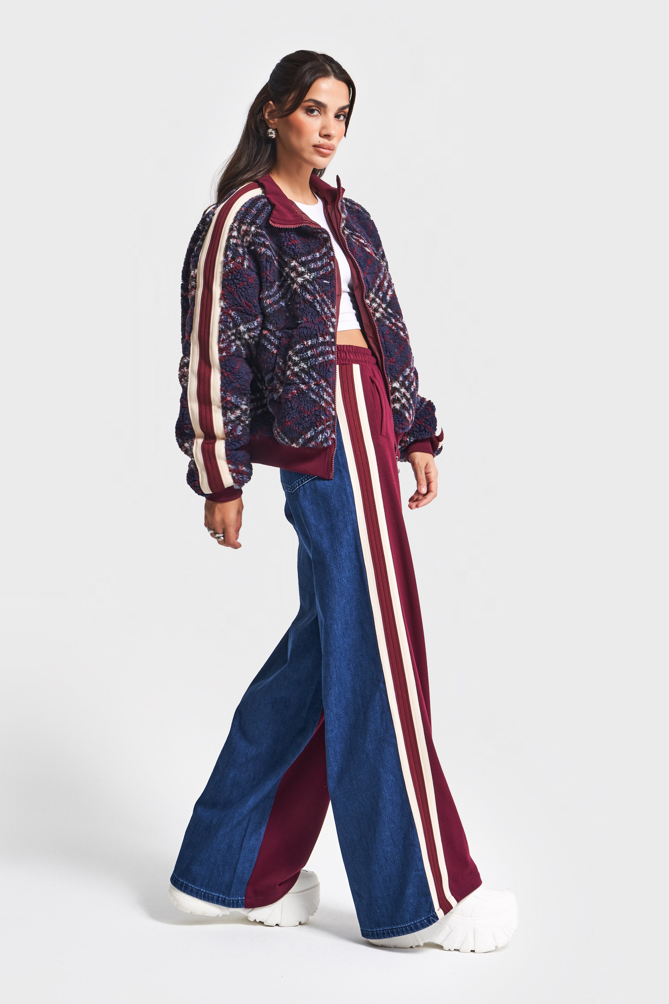 Kadın Kot Bordo Renk w5-35 Mont Pantolon 2'li Kombin Tasarım Takım