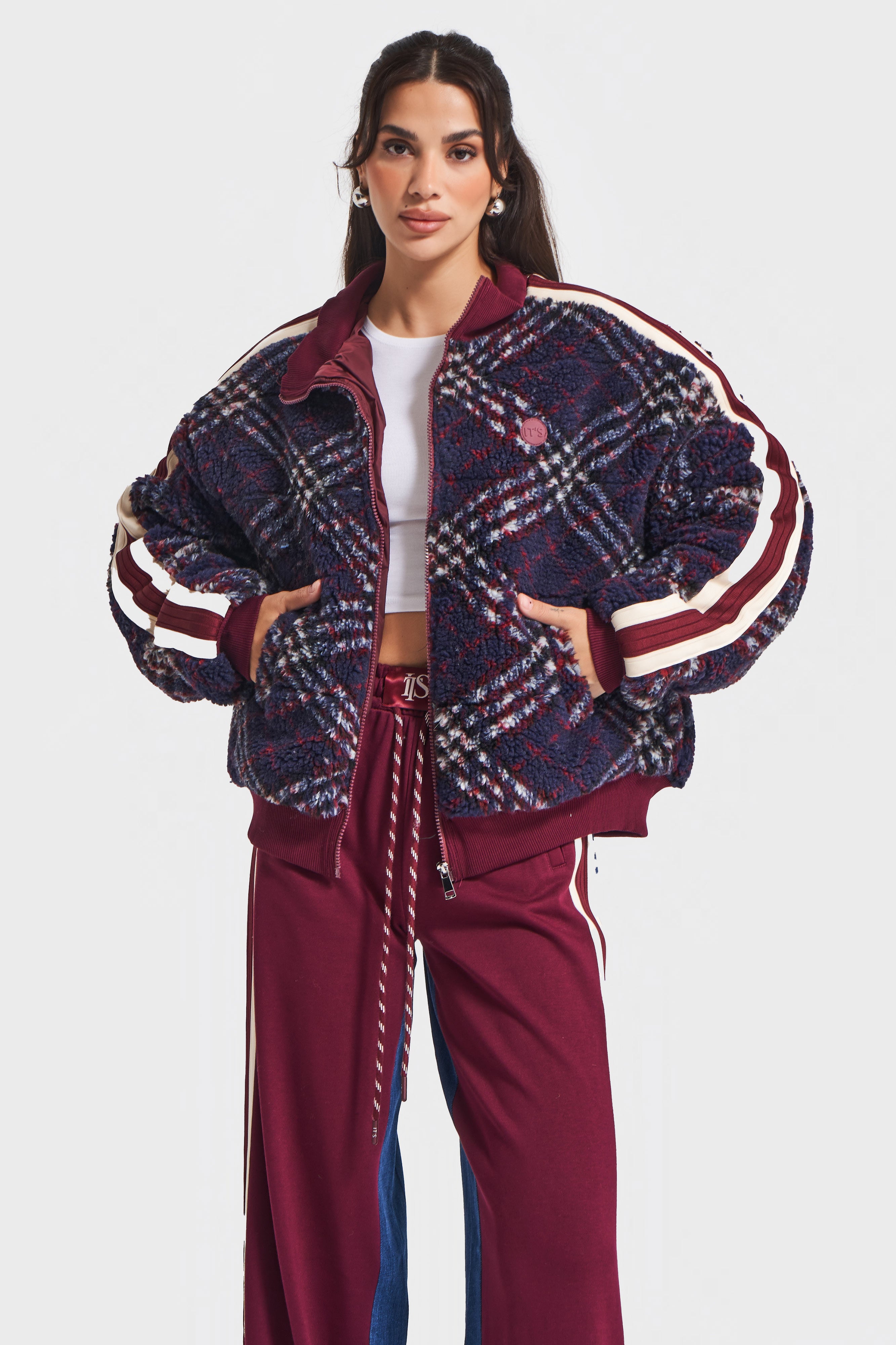 Kadın Kot Bordo Renk w5-35 Mont Pantolon 2'li Kombin Tasarım Takım