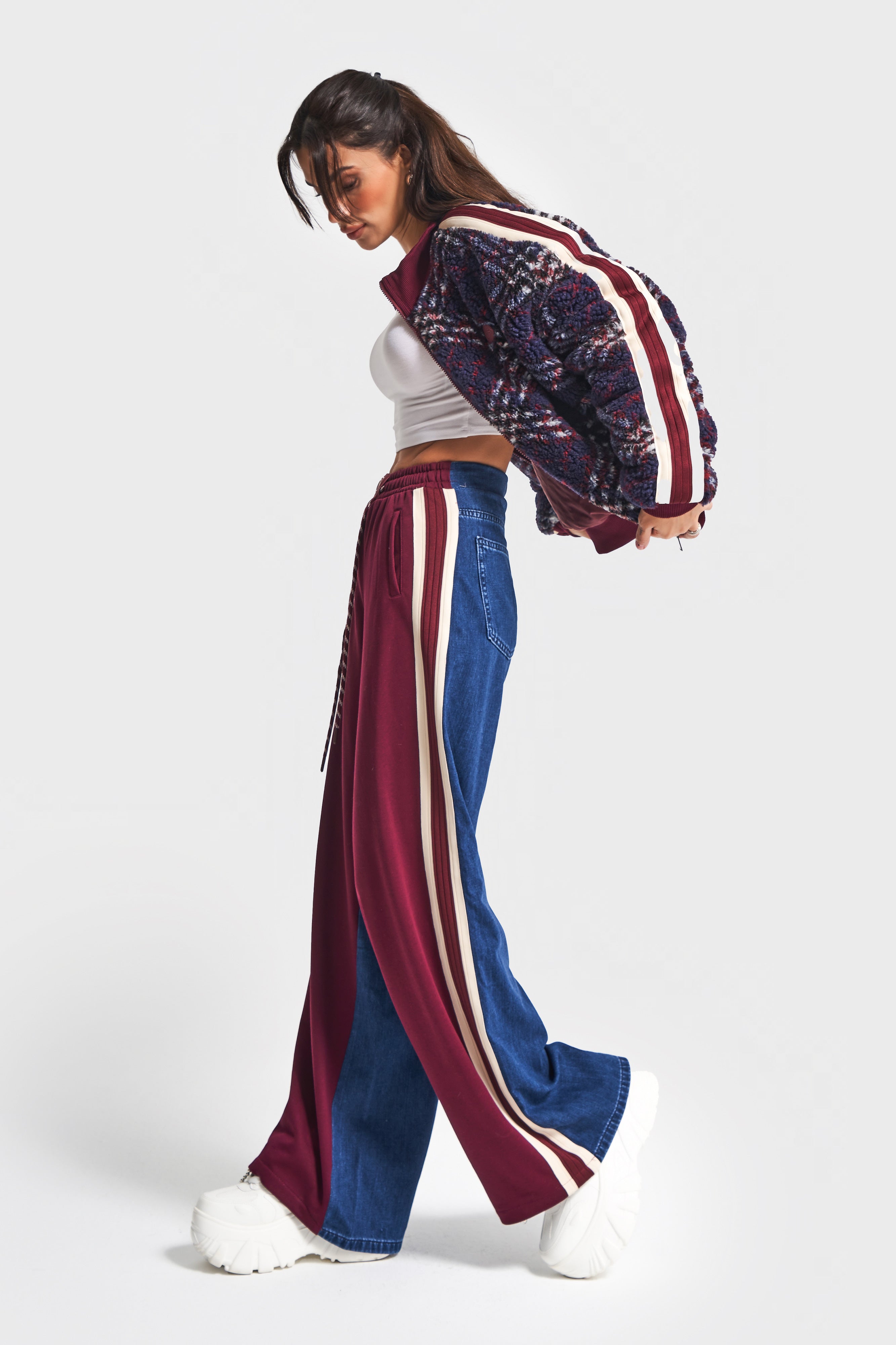 Kadın Kot Bordo Renk w5-35 Mont Pantolon 2'li Kombin Tasarım Takım