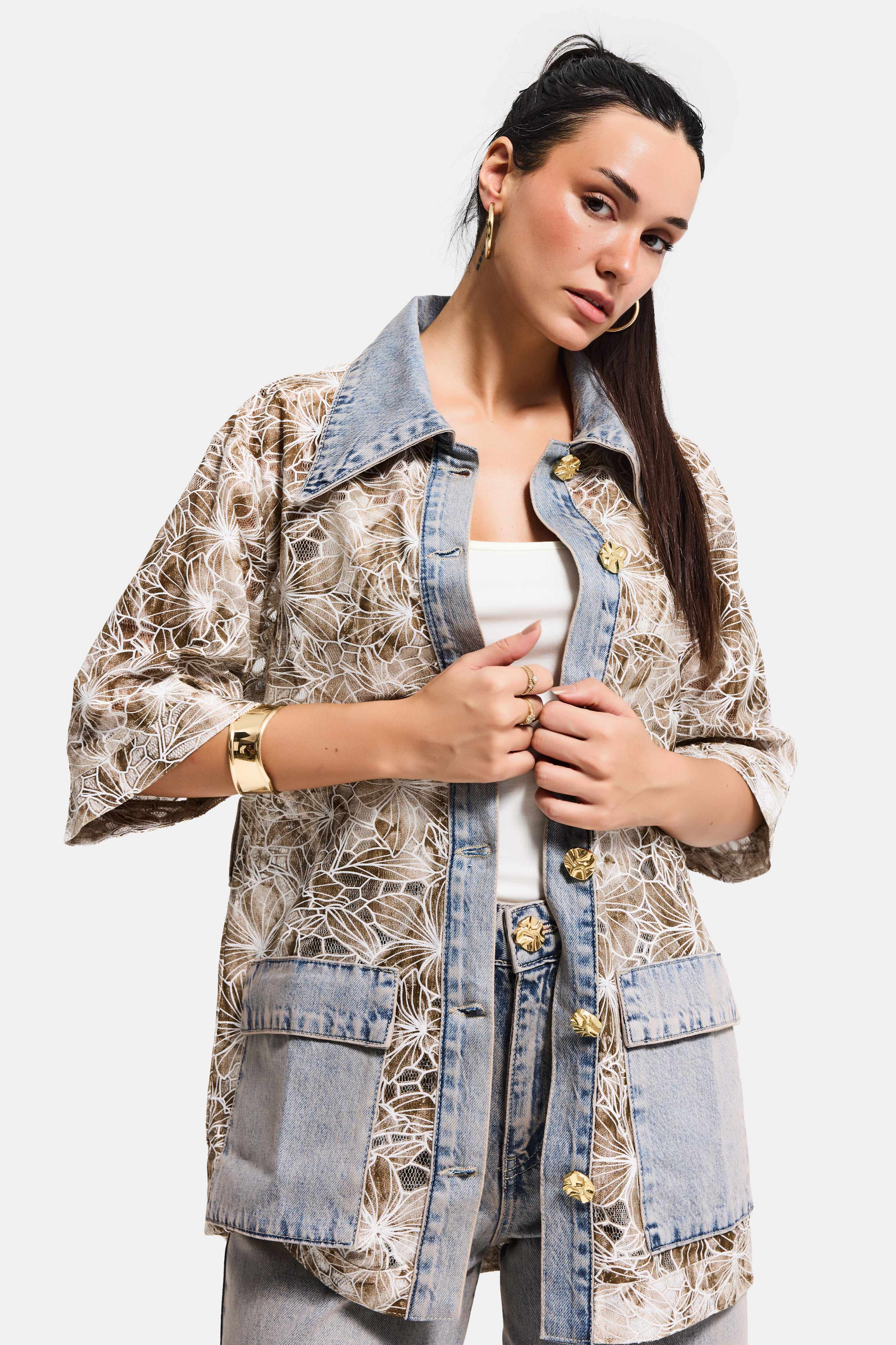 Kadın Kot Kahve 4s6-65 Oversize Özel Tasarım Gül Dantel Detaylı Ceket Gömlek