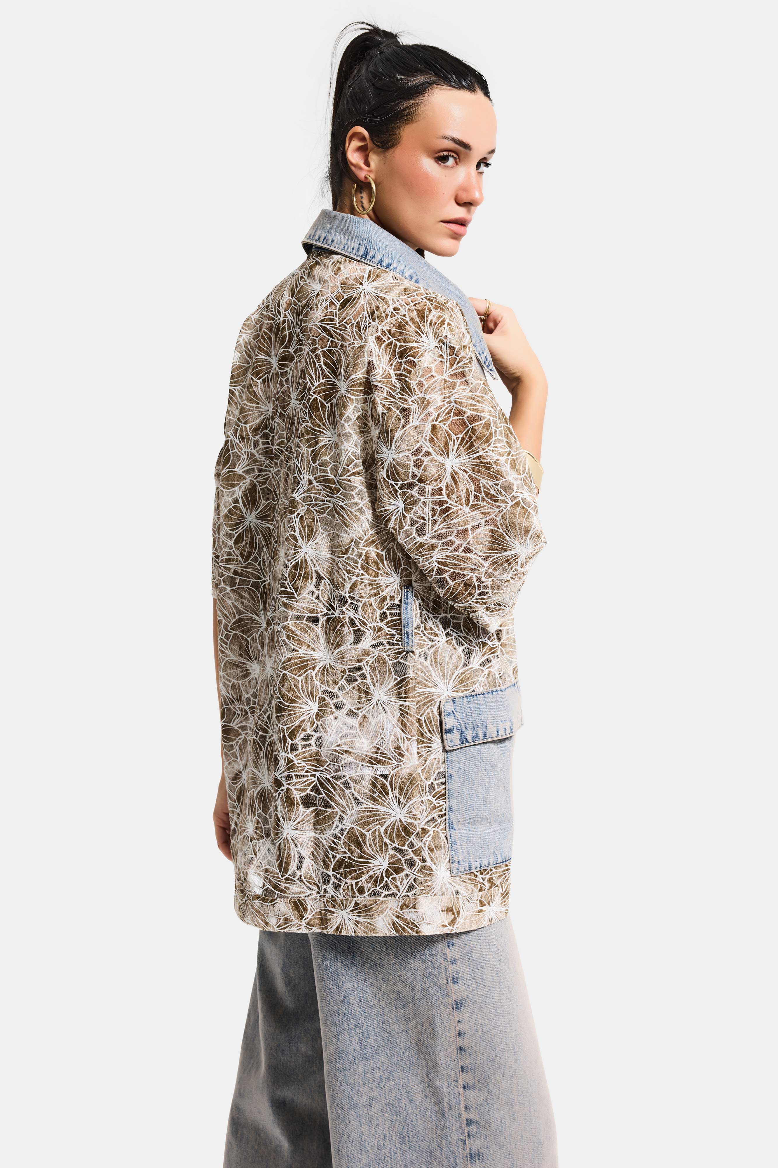 Kadın Kot Kahve 4s6-65 Oversize Özel Tasarım Gül Dantel Detaylı Ceket Gömlek