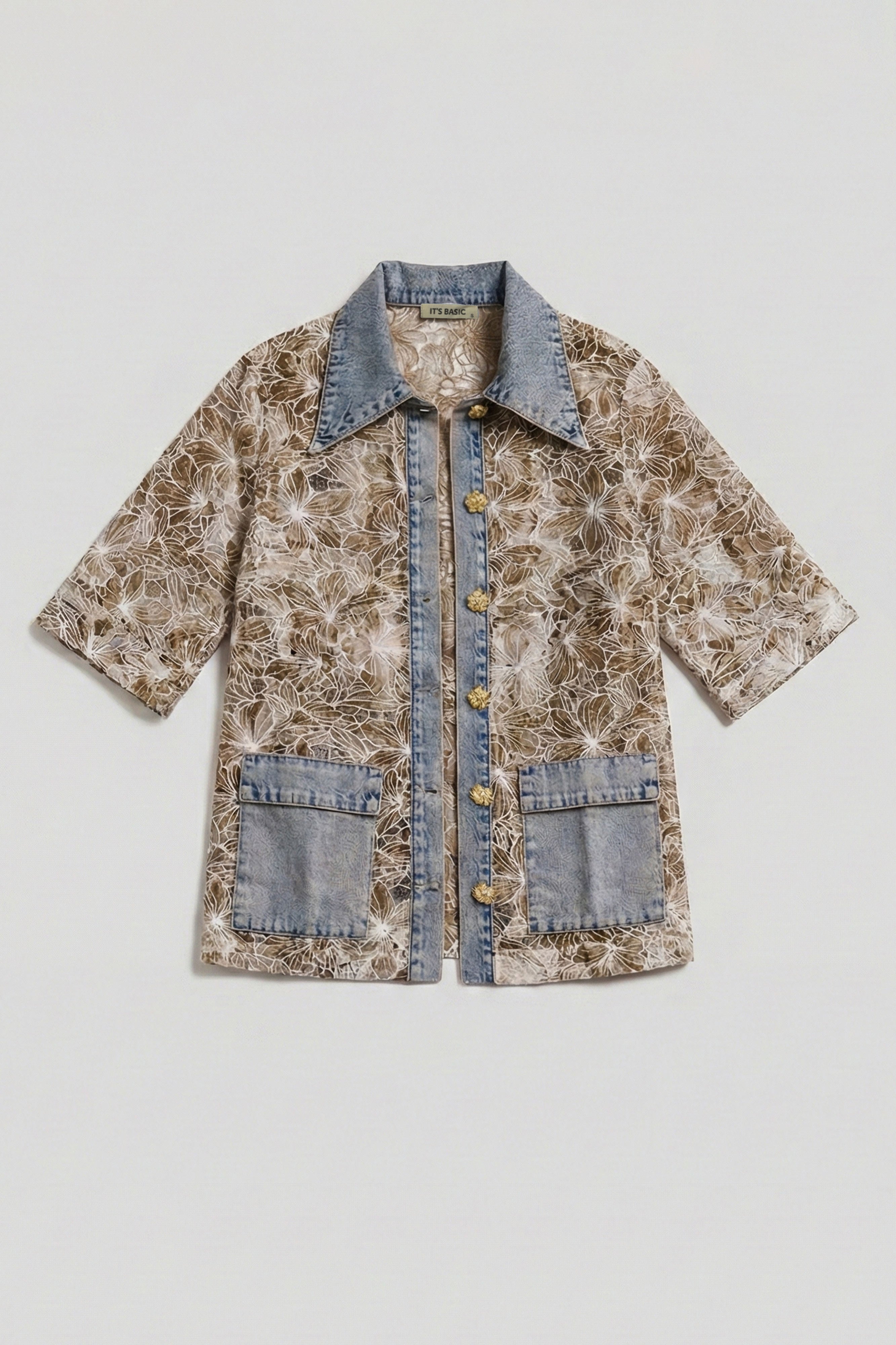 Kadın Kot Kahve 4s6-65 Oversize Özel Tasarım Gül Dantel Detaylı Ceket Gömlek