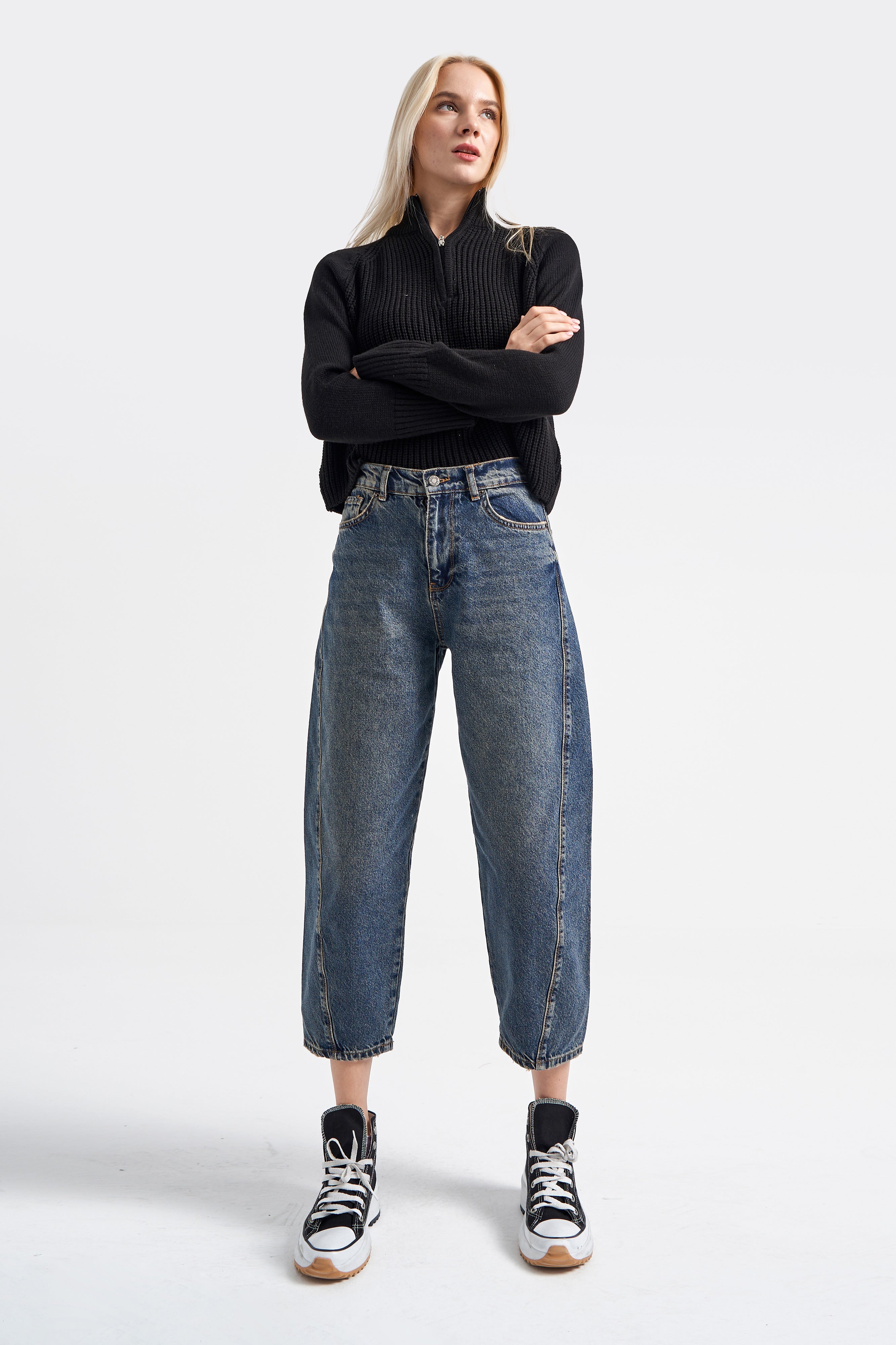 Women's Jeans Dark Tint Color Carrot Fit Loose Cut Denim