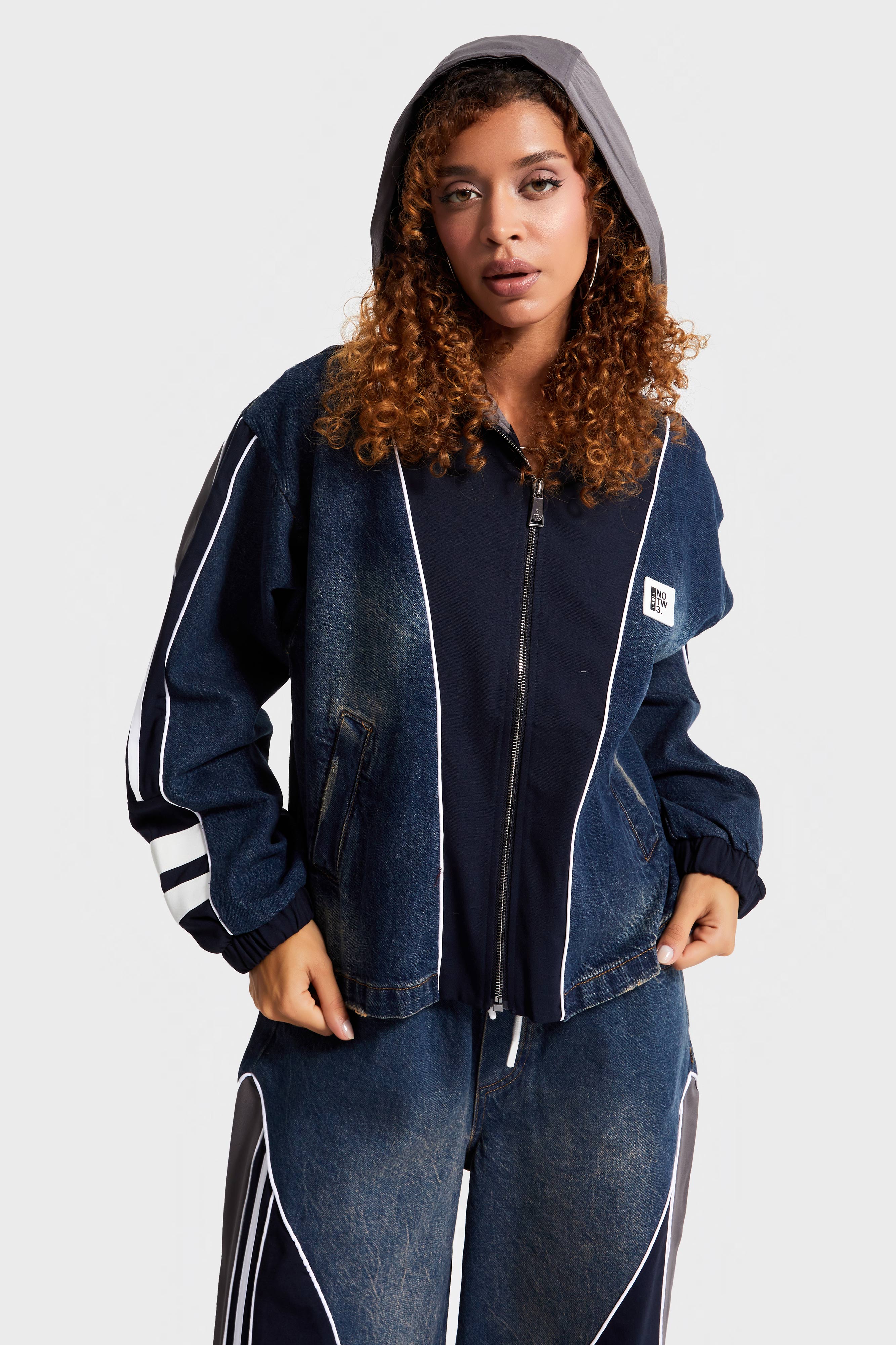 Kadın Kot Laci Renk Denim Dokuma Çift Parça Kumaş Oversize Kapüşonlu Tasarım Denim Ceket