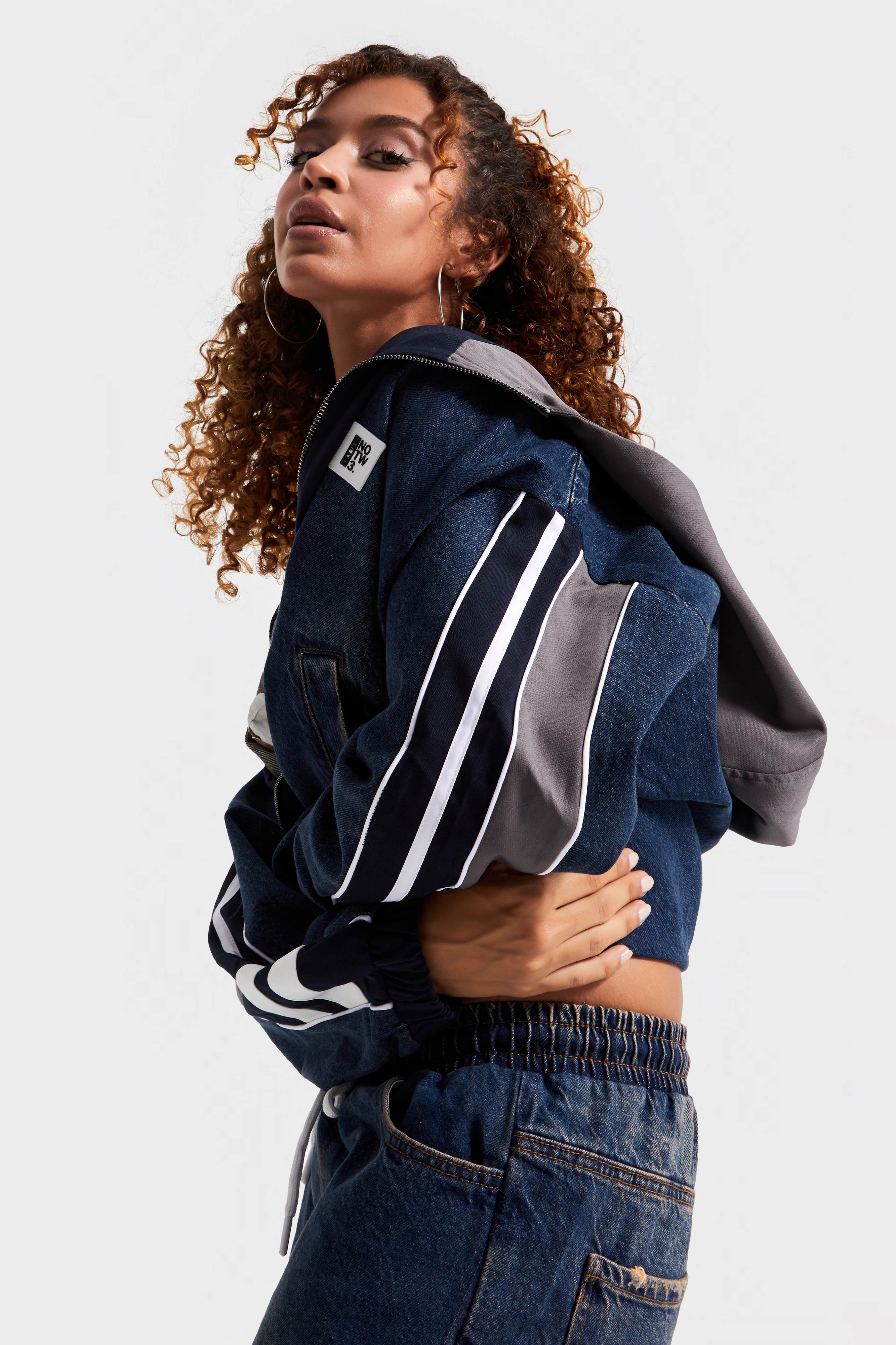 Kadın Kot Laci Renk Denim Dokuma Çift Parça Kumaş Oversize Kapüşonlu Tasarım Denim Ceket