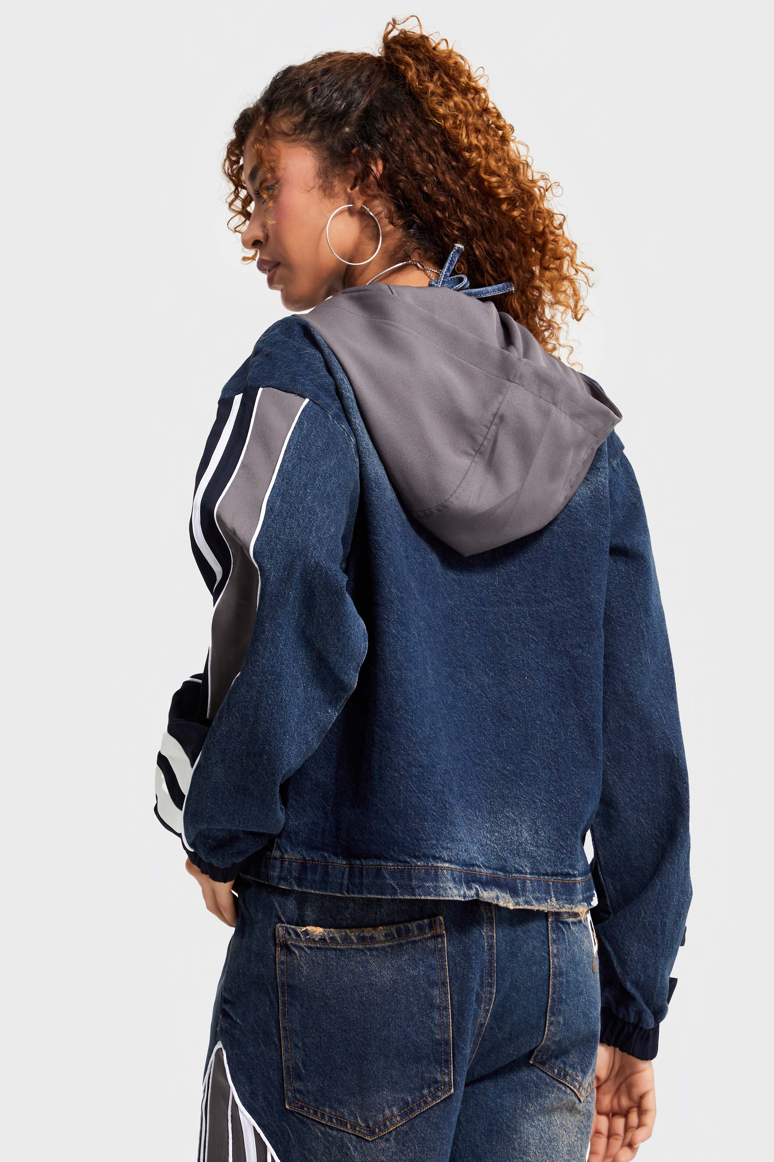 Kadın Kot Laci Renk Denim Dokuma Çift Parça Kumaş Oversize Kapüşonlu Tasarım Denim Ceket