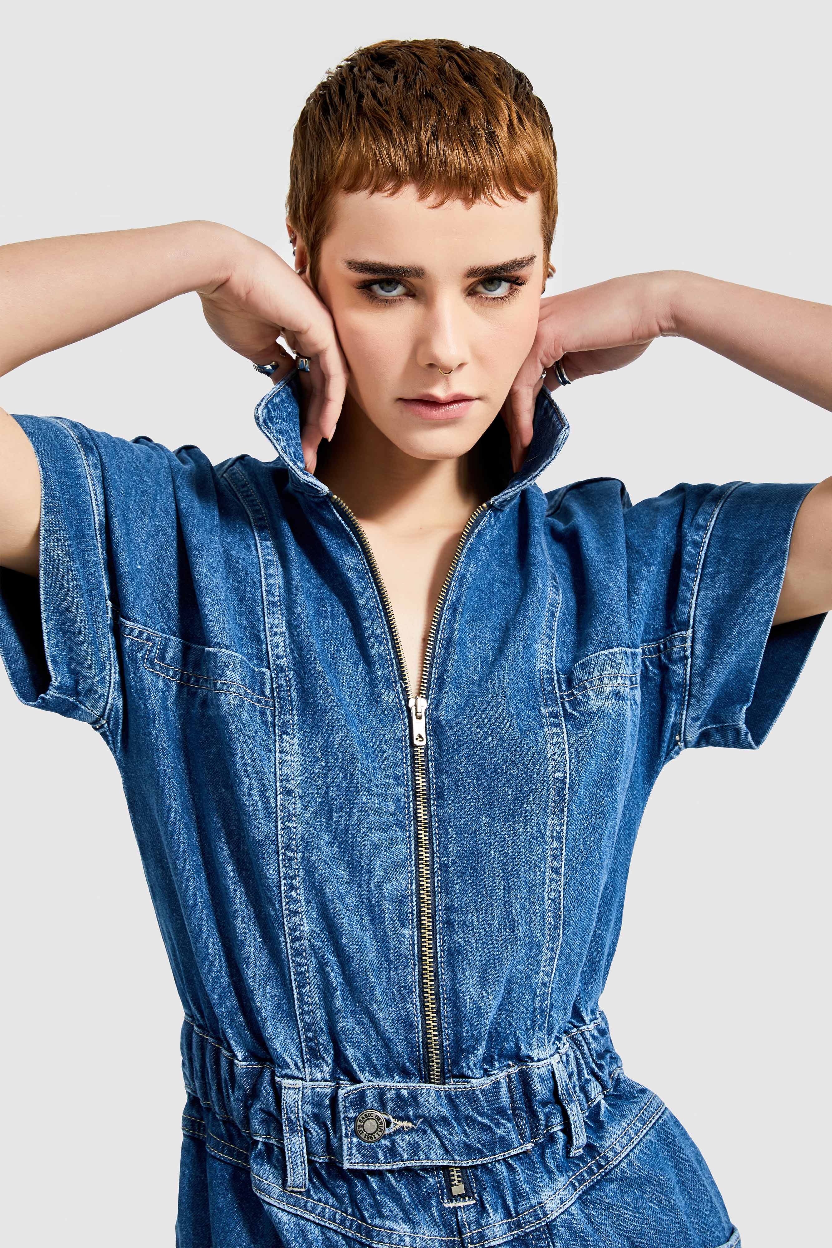 Women's Jeans Blue Color Elastic Waist 100% Cotton Denim Shorts Overalls