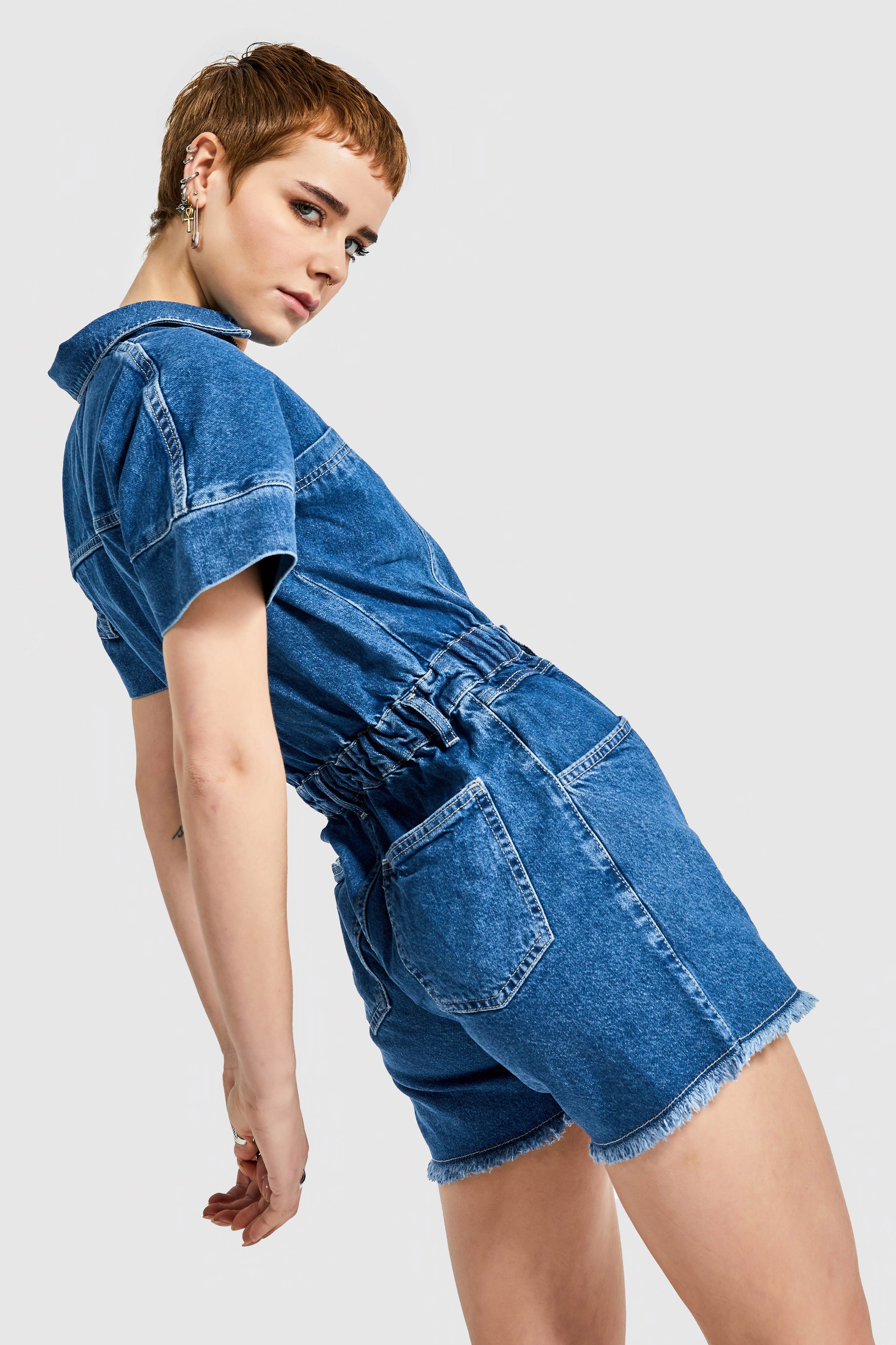 Women's Jeans Blue Color Elastic Waist 100% Cotton Denim Shorts Overalls