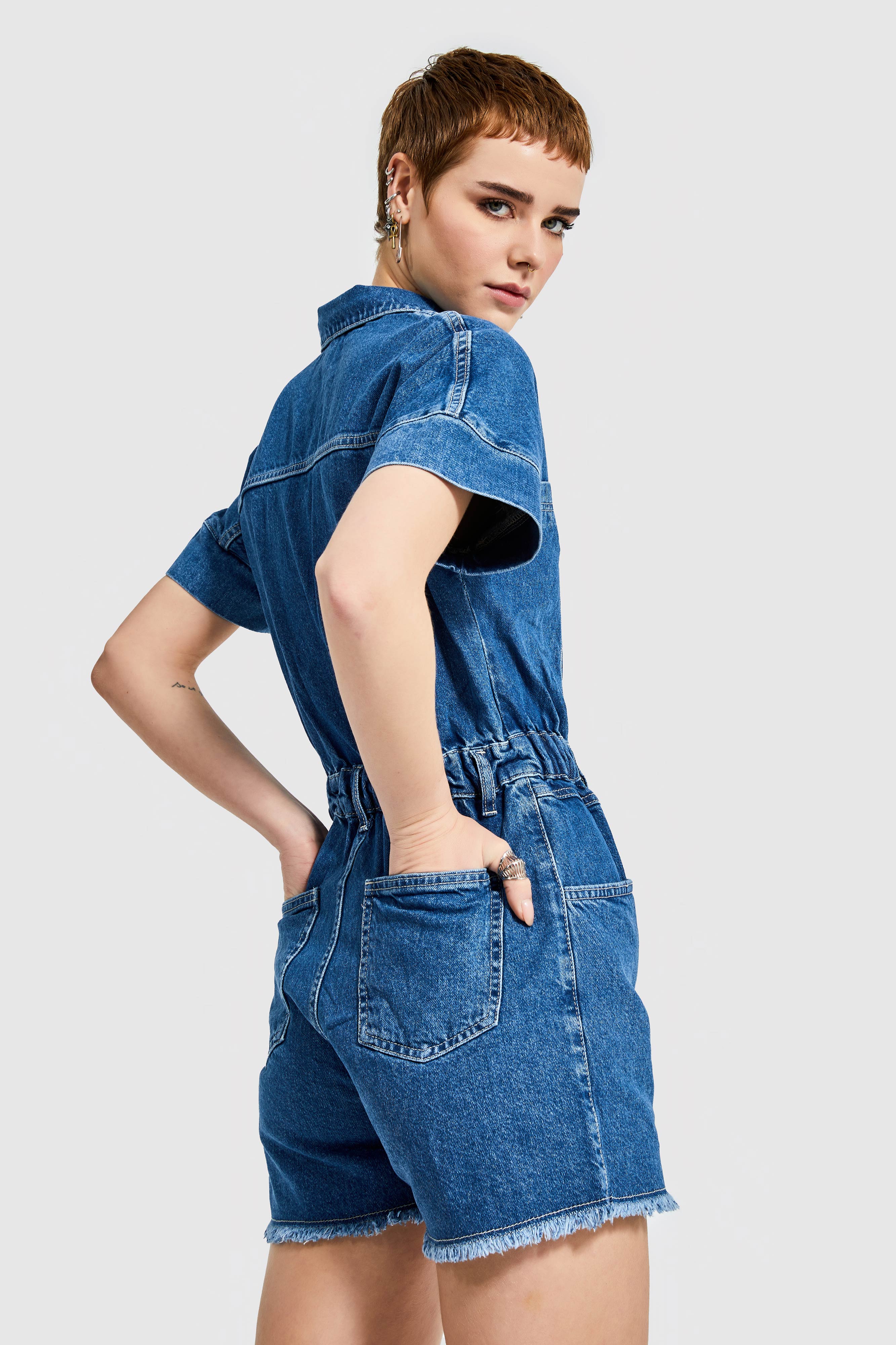 Women's Jeans Blue Color Elastic Waist 100% Cotton Denim Shorts Overalls