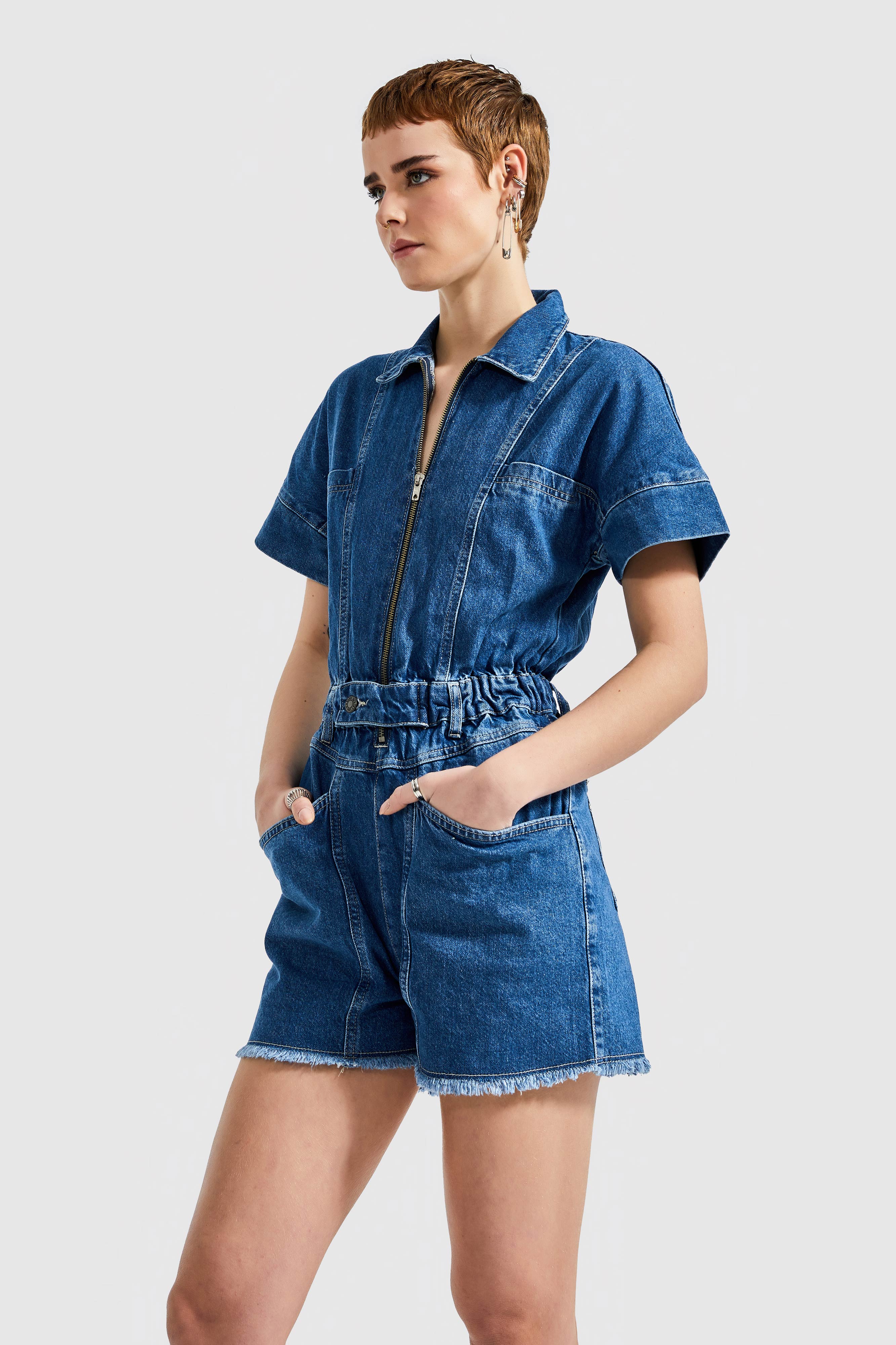Women's Jeans Blue Color Elastic Waist 100% Cotton Denim Shorts Overalls