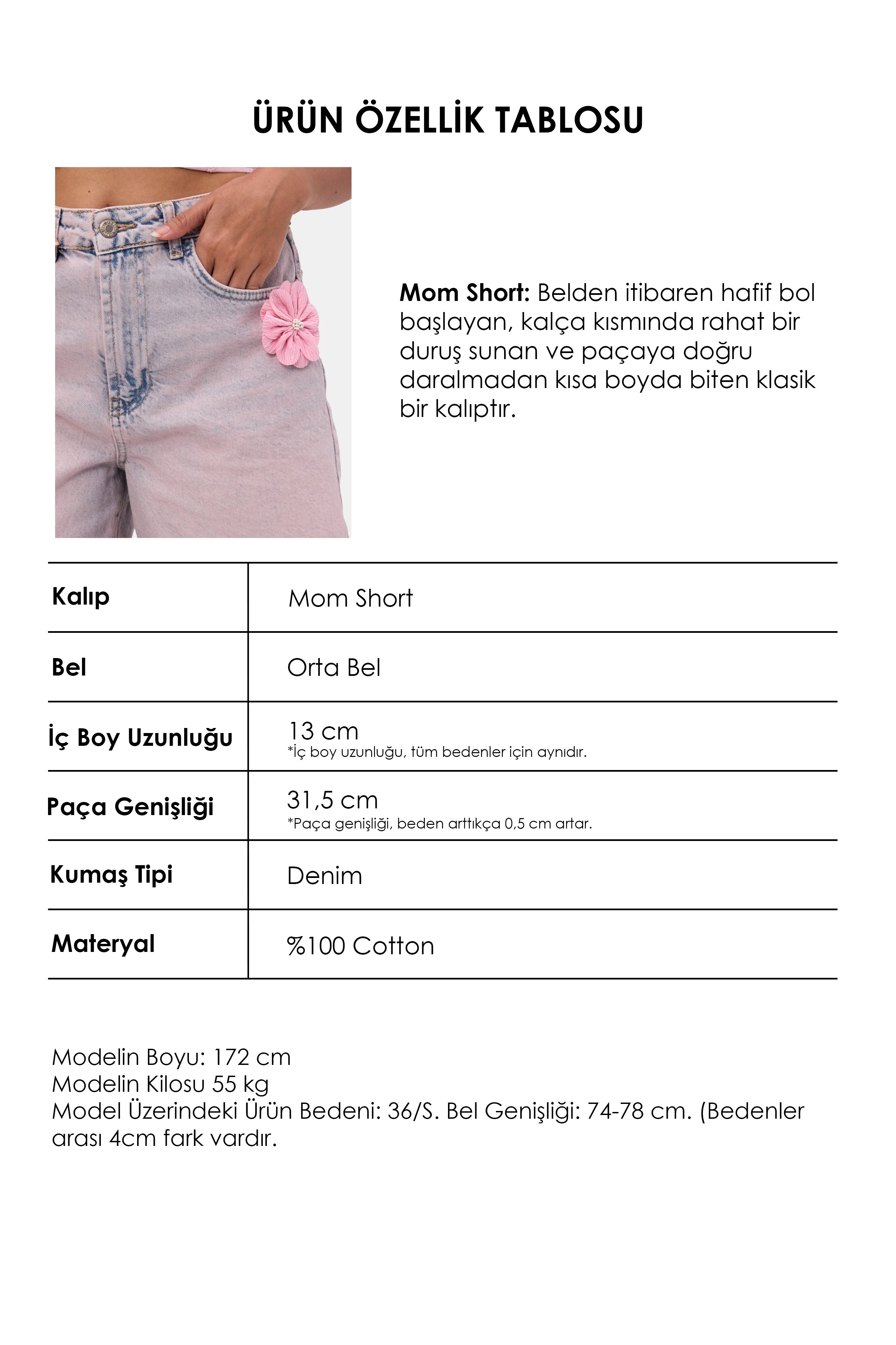 Kadın Kot Pembe 4s6-89 Mom Relax Gül ve Nakış Detaylı Özel Tasarım Denim Şort