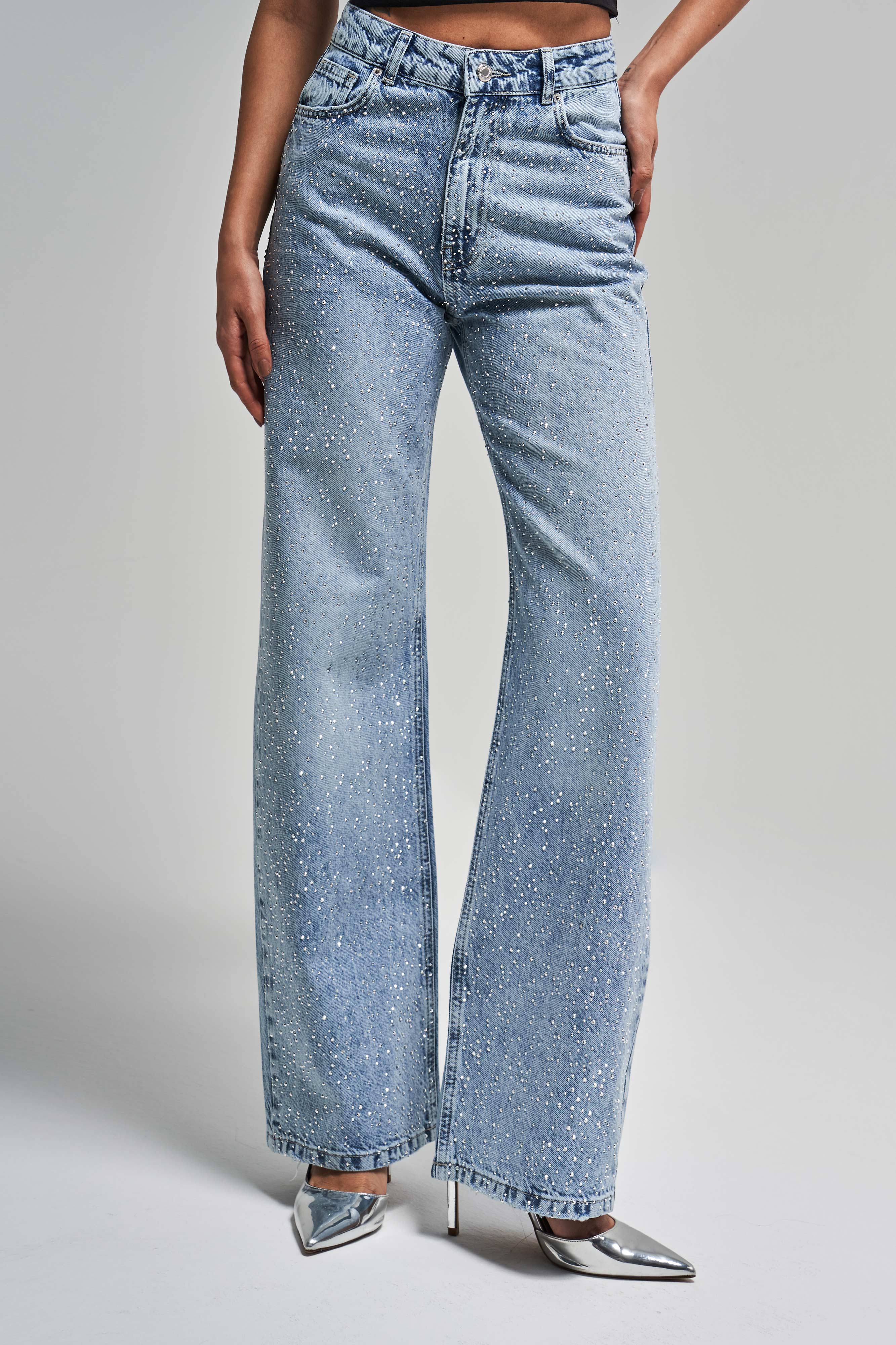 Kadın Kot Reng 4s5-24 Straight Fit Yüksek Bel Önü Parlak Taşlı %100 Koton Tasarım Denim Jean