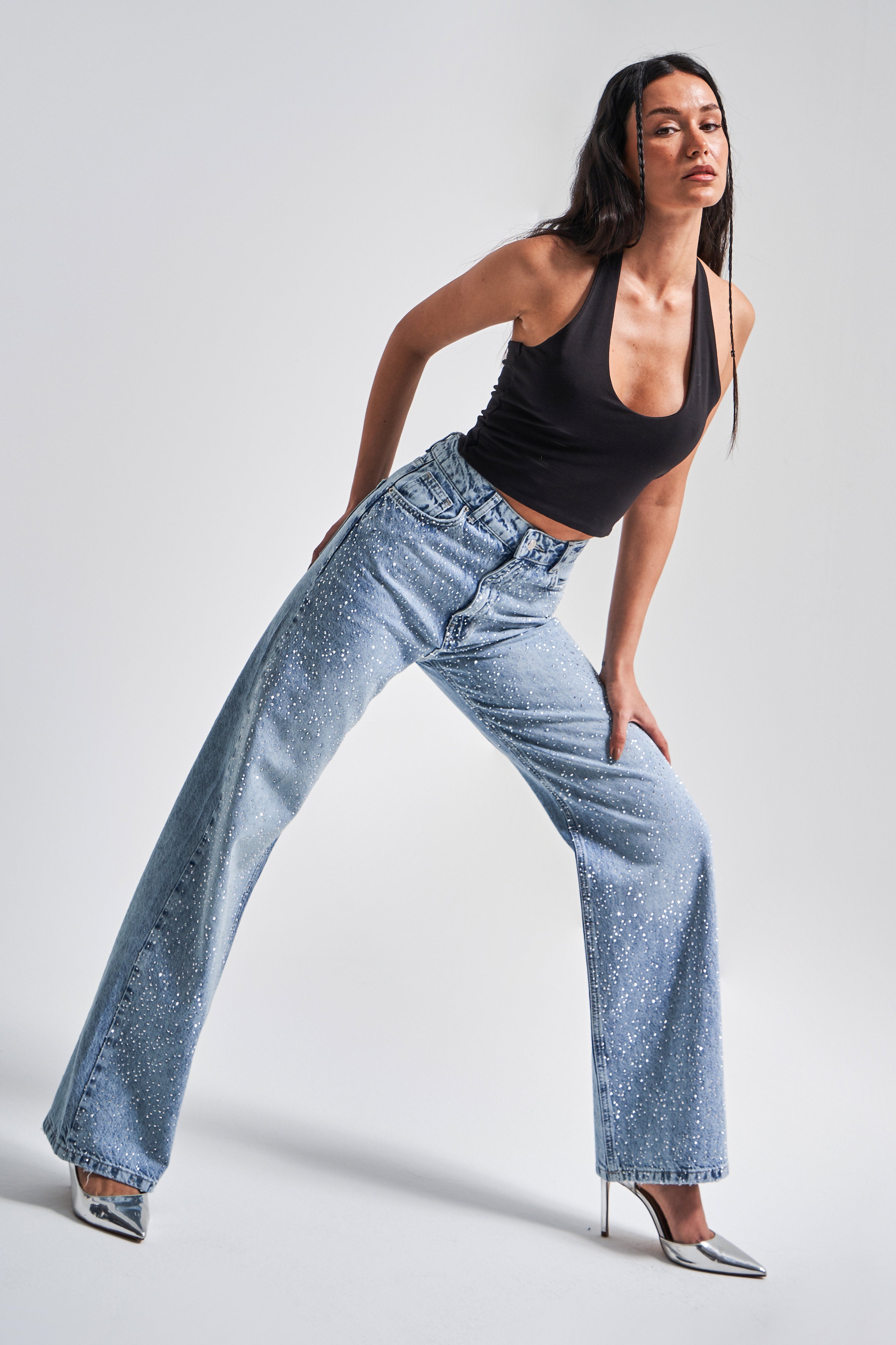 Kadın Kot Reng 4s5-24 Straight Fit Yüksek Bel Önü Parlak Taşlı %100 Koton Tasarım Denim Jean