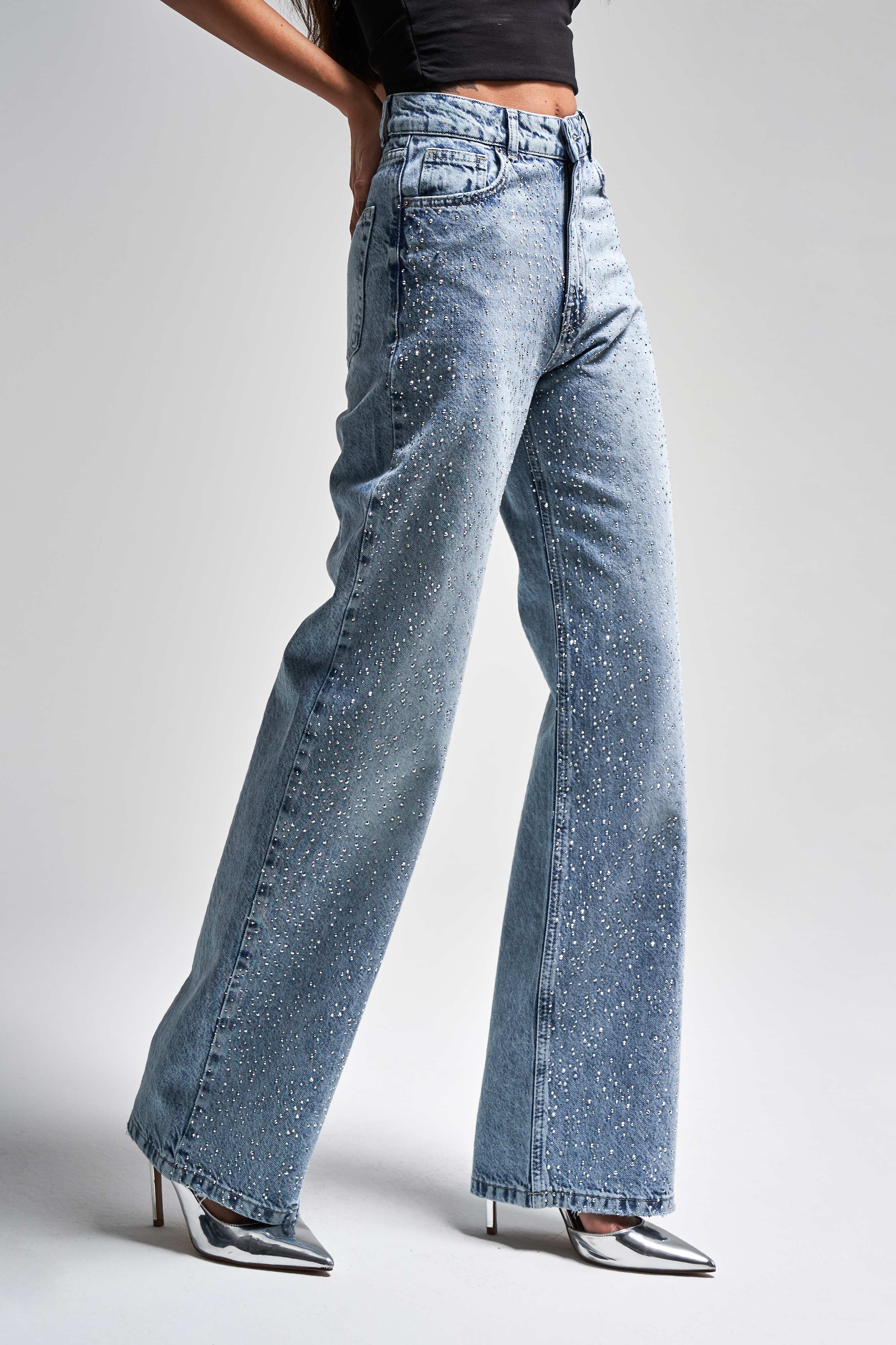 Kadın Kot Reng 4s5-24 Straight Fit Yüksek Bel Önü Parlak Taşlı %100 Koton Tasarım Denim Jean