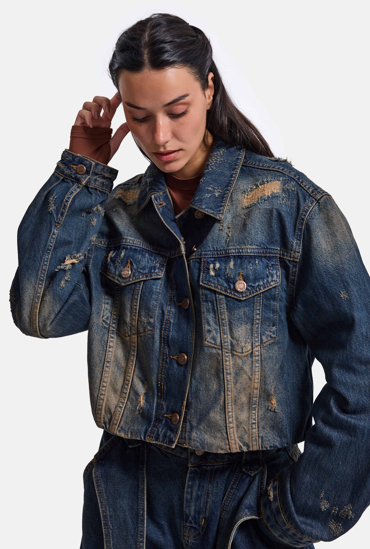 Kadın Kot Rengi 10w6-8 Kemer Boy Oversize Özel Tasarım Denim Ceket