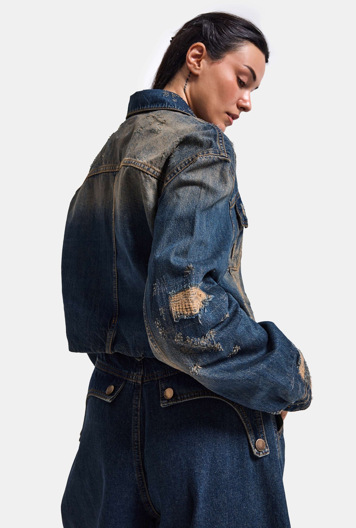 Kadın Kot Rengi 10w6-8 Kemer Boy Oversize Özel Tasarım Denim Ceket
