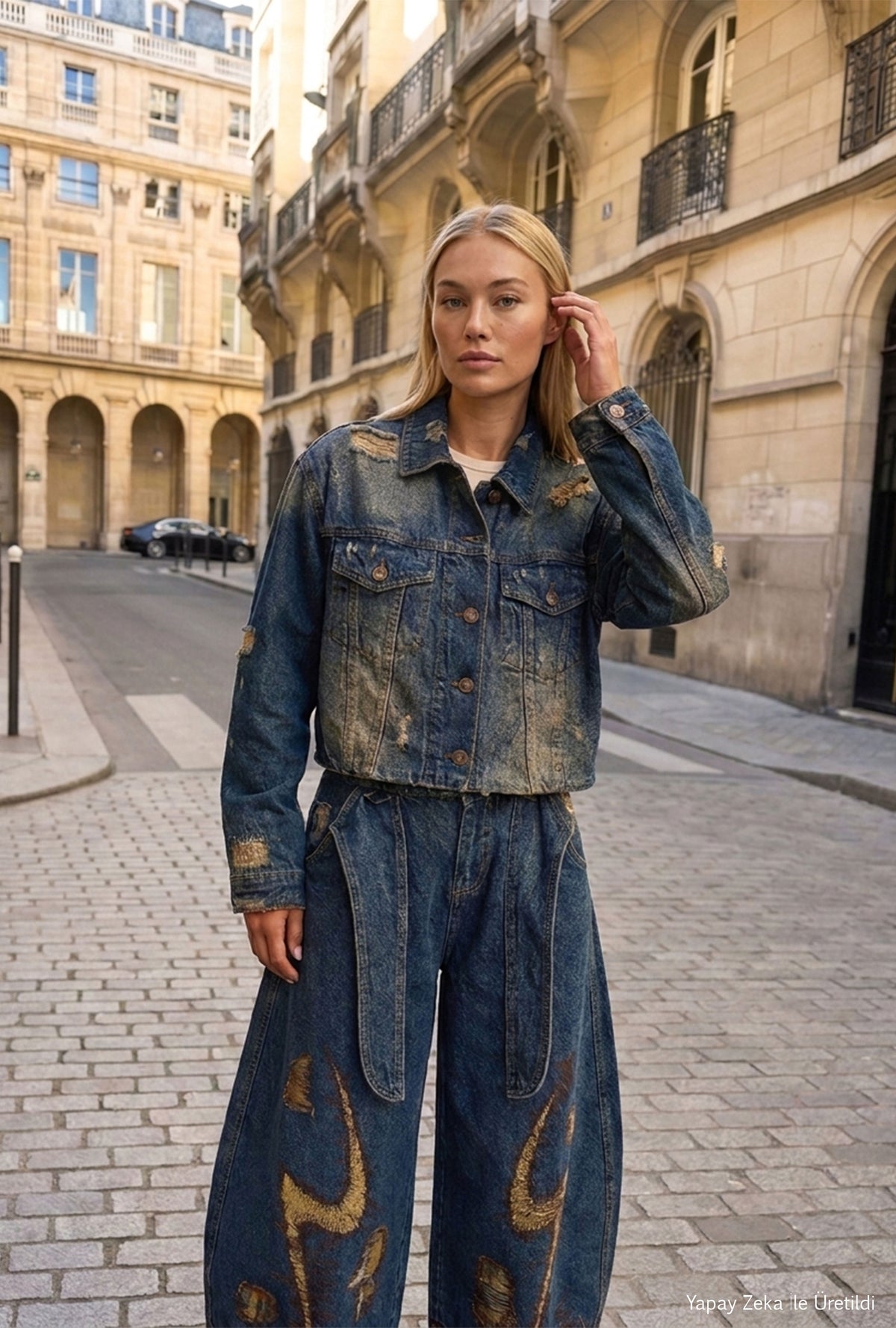Kadın Kot Rengi 10w6-8 Kemer Boy Oversize Özel Tasarım Denim Ceket