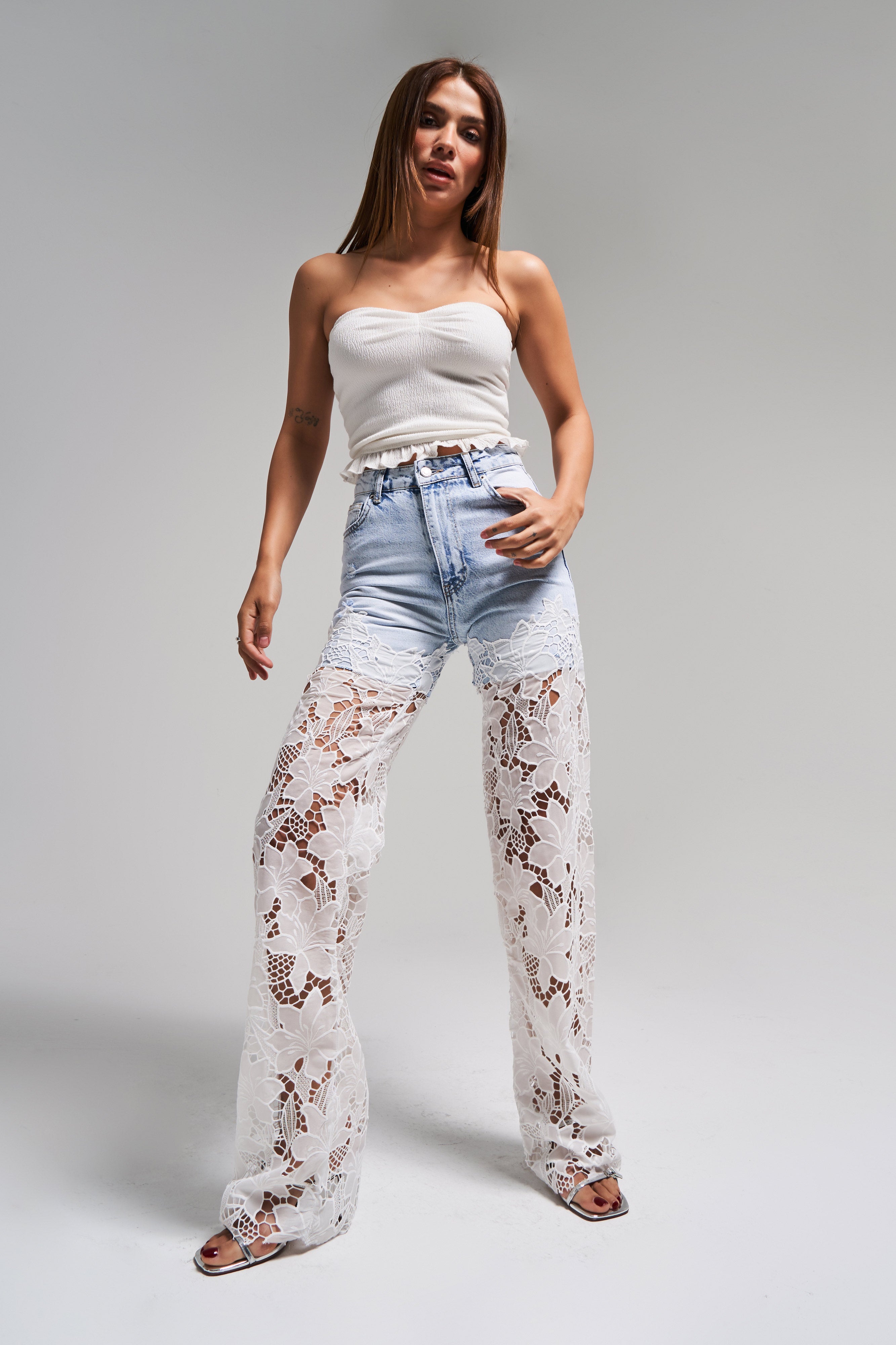 Kadın Kot Rengi 12s5-100 Dantel Kot Çift Parça Straight Fit Dantel Detaylı Tasarım Denim Jean