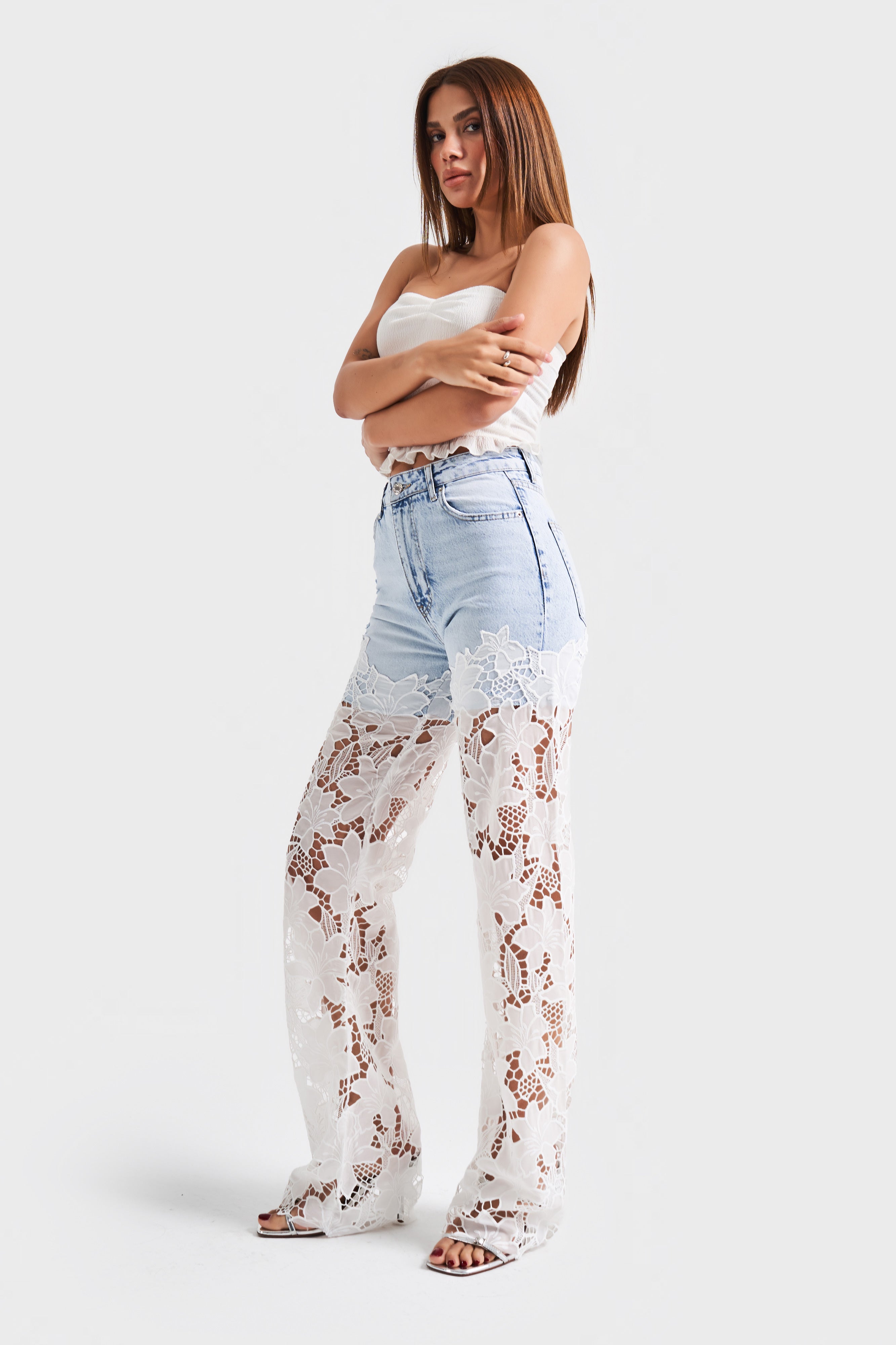 Kadın Kot Rengi 12s5-100 Dantel Kot Çift Parça Straight Fit Dantel Detaylı Tasarım Denim Jean